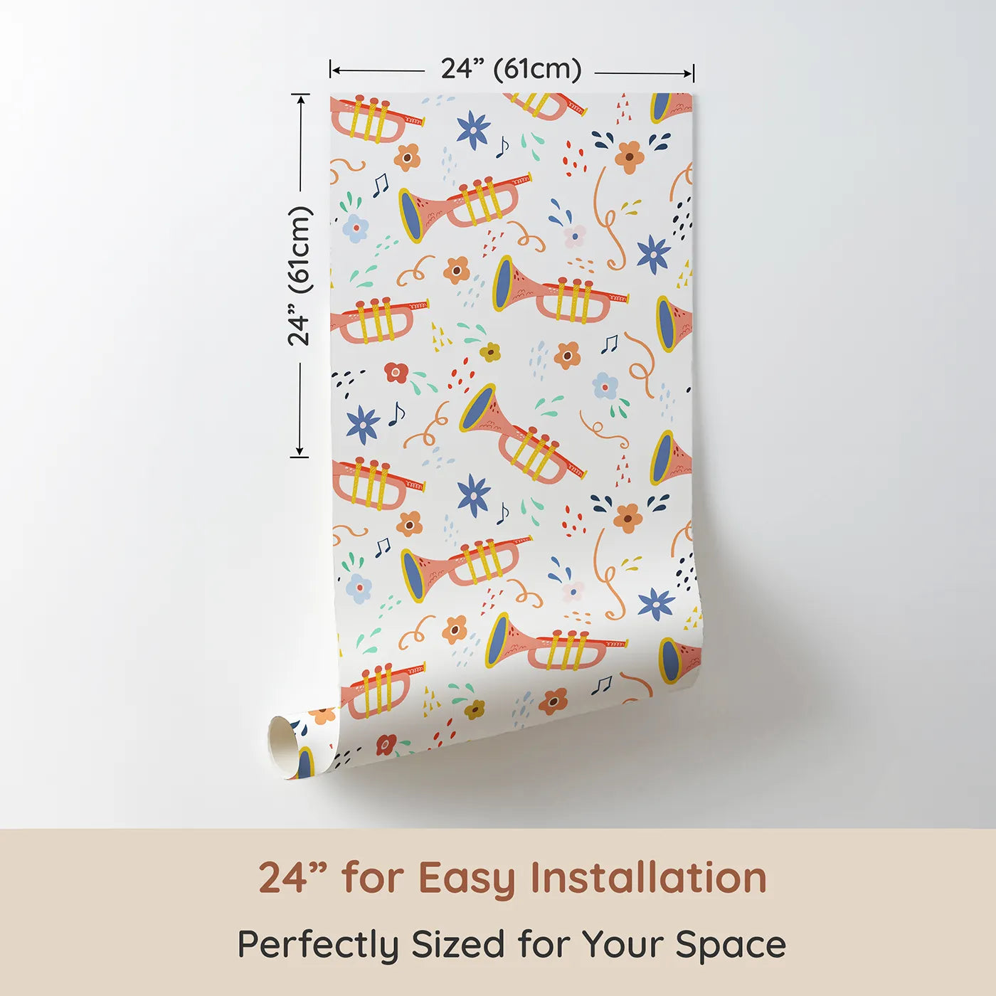 Dimension view of Whimsy Tots Musical Trumpet Celebration Wallpaper (W2037). Printed in 24-inch-wide panel for easy installation. Where happy trumpets and colorful confetti fill the air with music.