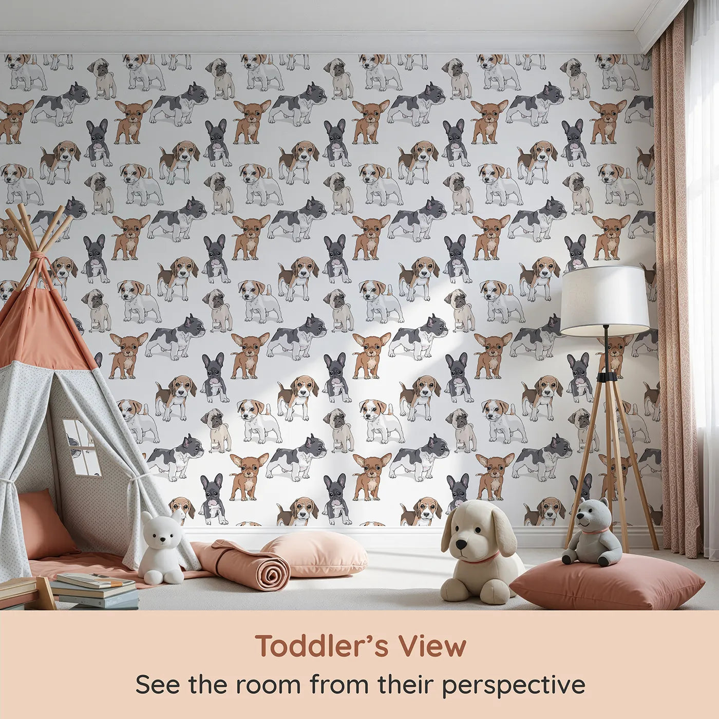 Whimsy Tots Puppy Pals Parade Wallpaper (W2038) from your child's view.Where all the cutest dog breeds gather for fun and friendship.