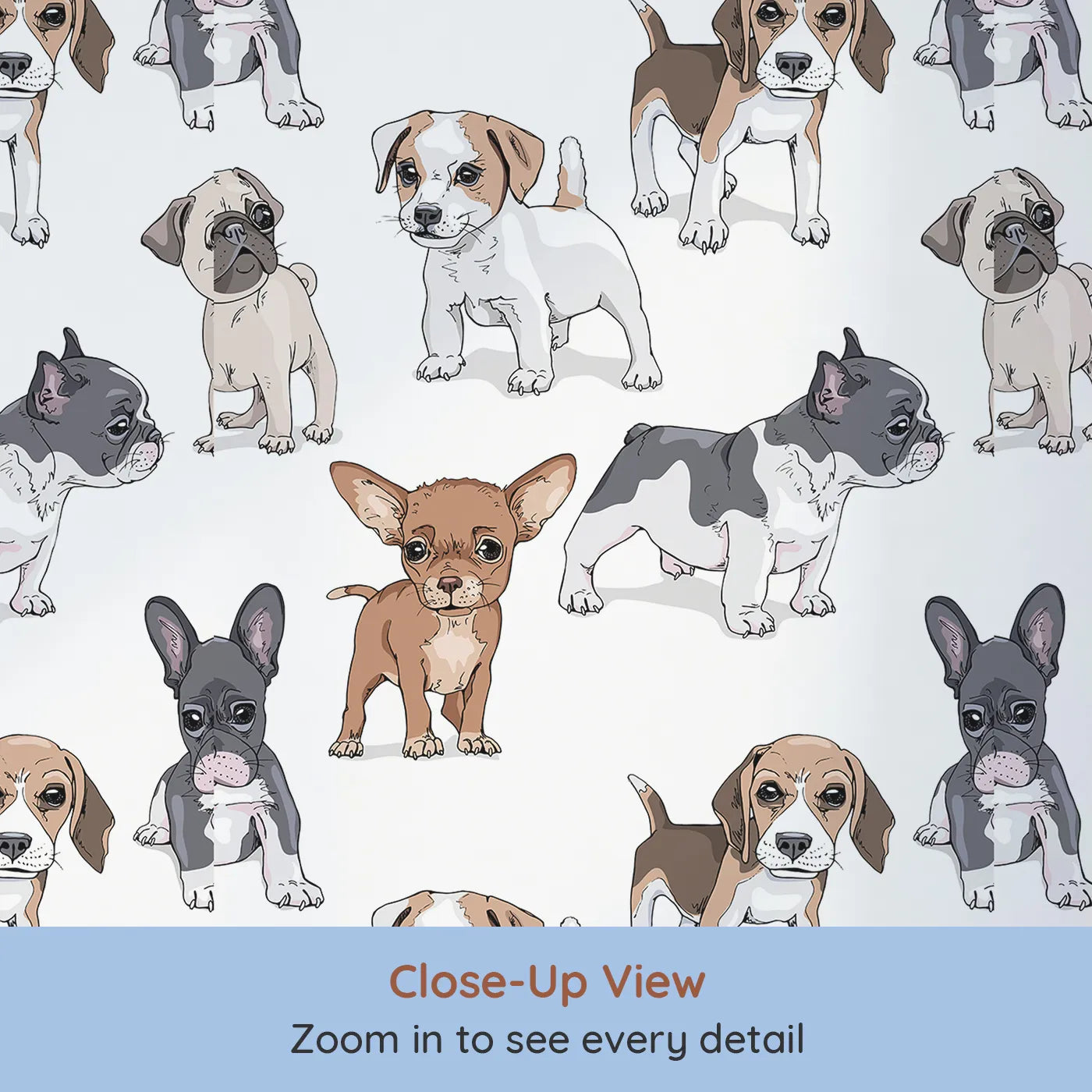 Close-up view of Whimsy Tots' Puppy Pals Parade Wallpaper (W2038).Where all the cutest dog breeds gather for fun and friendship.