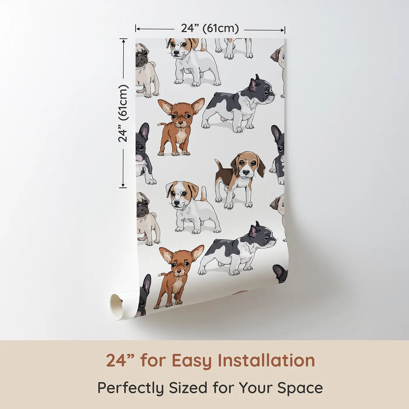 Dimension view of Whimsy Tots Puppy Pals Parade Wallpaper (W2038). Printed in 24-inch-wide panel for easy installation. Where all the cutest dog breeds gather for fun and friendship.