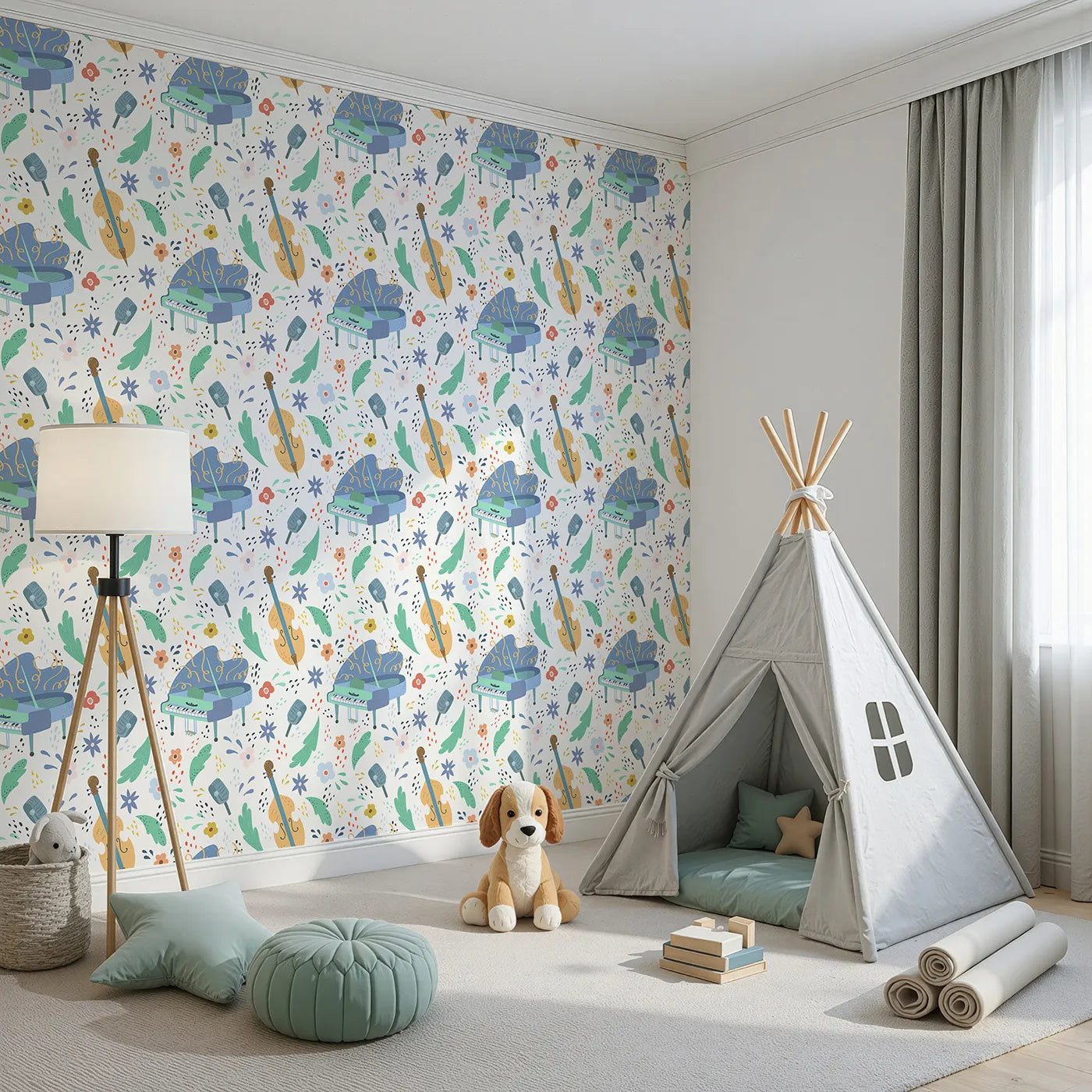 Angled view of Whimsy Tots' Jazz Club Jam Session Wallpaper (W2039).Where the music is always playing and the vibe is always cool.