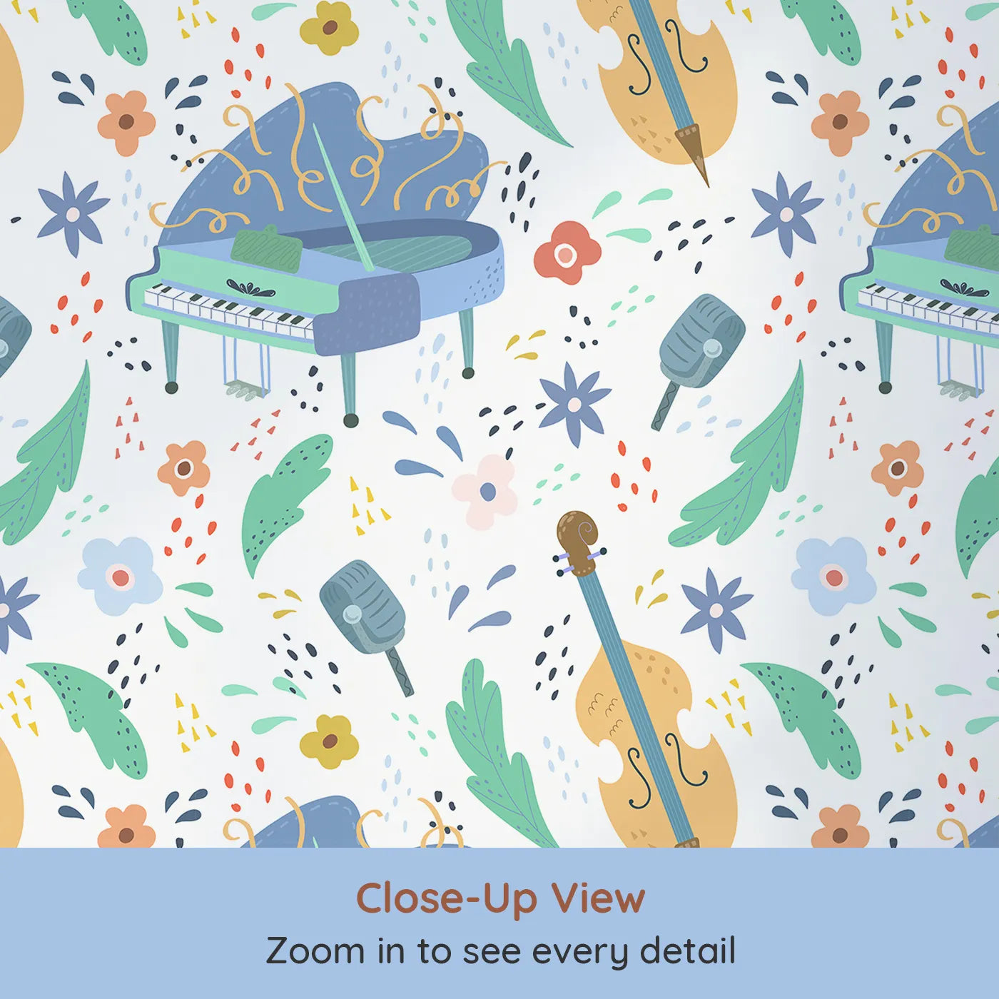 Close-up view of Whimsy Tots' Jazz Club Jam Session Wallpaper (W2039).Where the music is always playing and the vibe is always cool.