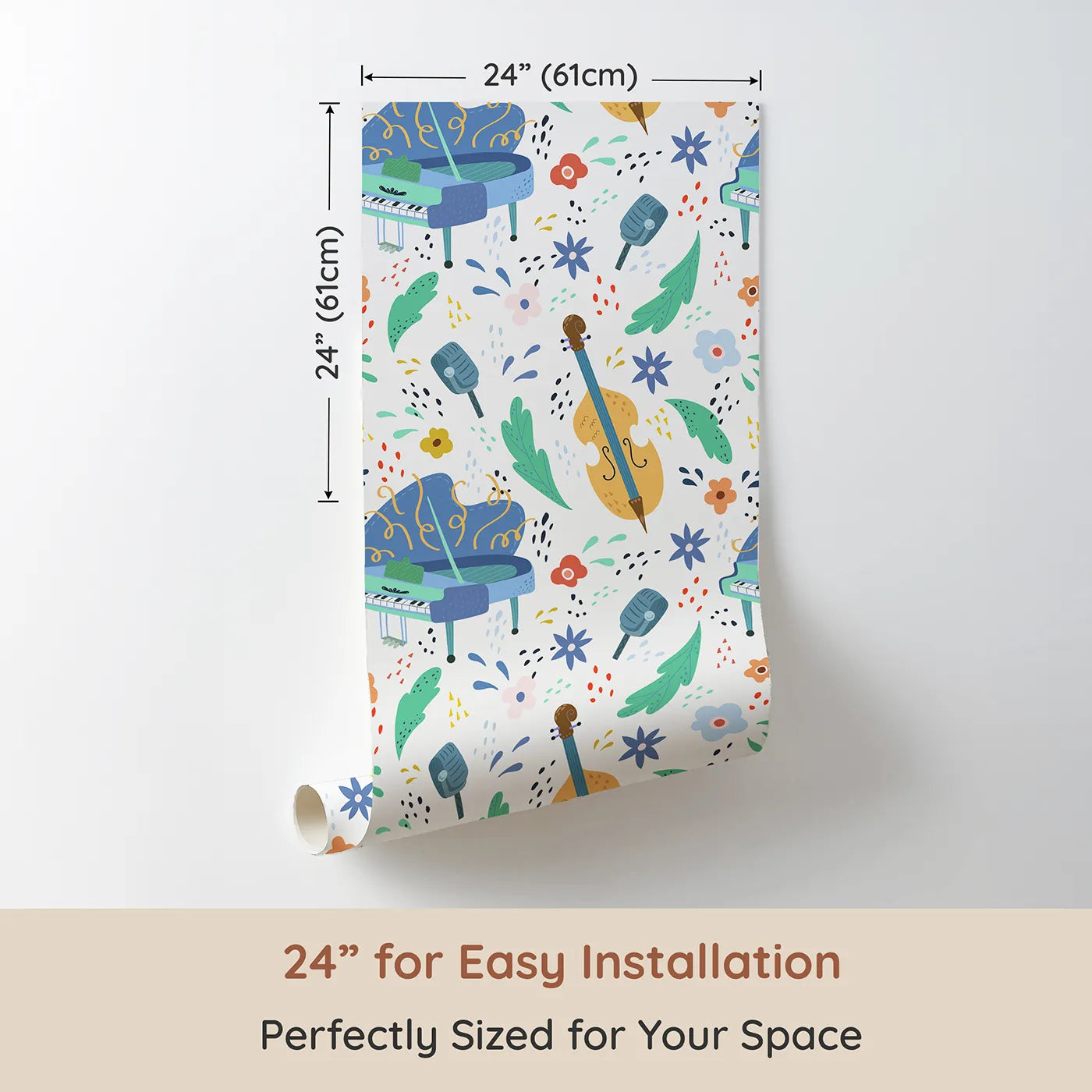 Dimension view of Whimsy Tots Jazz Club Jam Session Wallpaper (W2039). Printed in 24-inch-wide panel for easy installation. Where the music is always playing and the vibe is always cool.