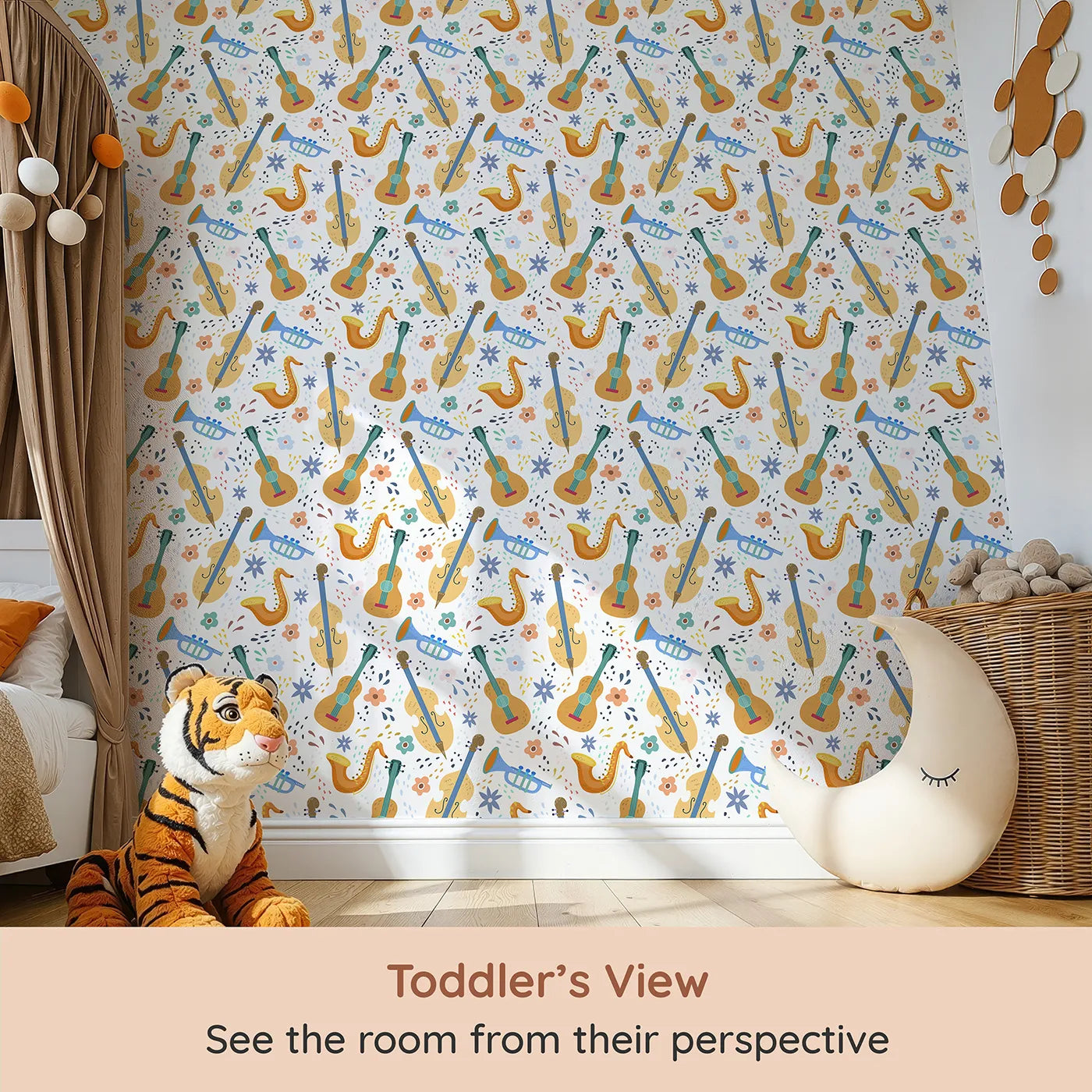 Whimsy Tots Orchestra of Colors Wallpaper (W2040) from your child's view.Where every instrument is ready to play a happy tune.