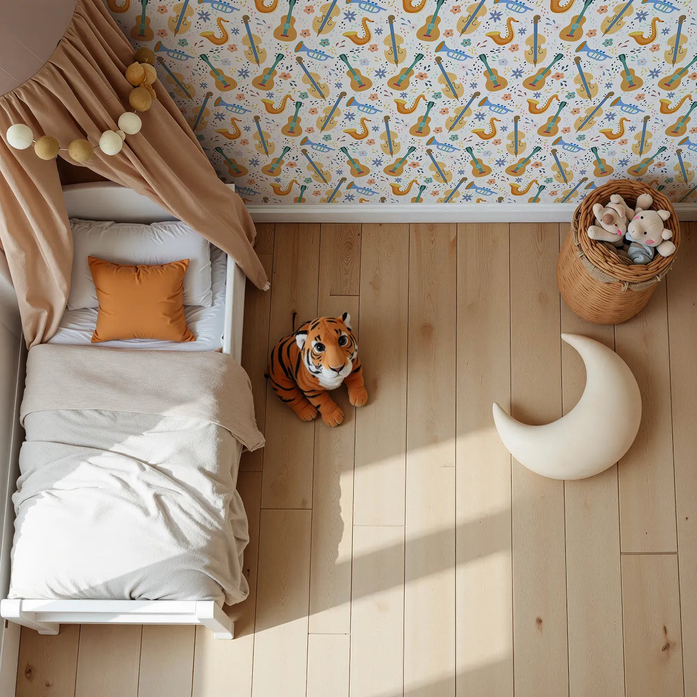 Top-Down view of Whimsy Tots' Orchestra of Colors Wallpaper (W2040).Where every instrument is ready to play a happy tune.