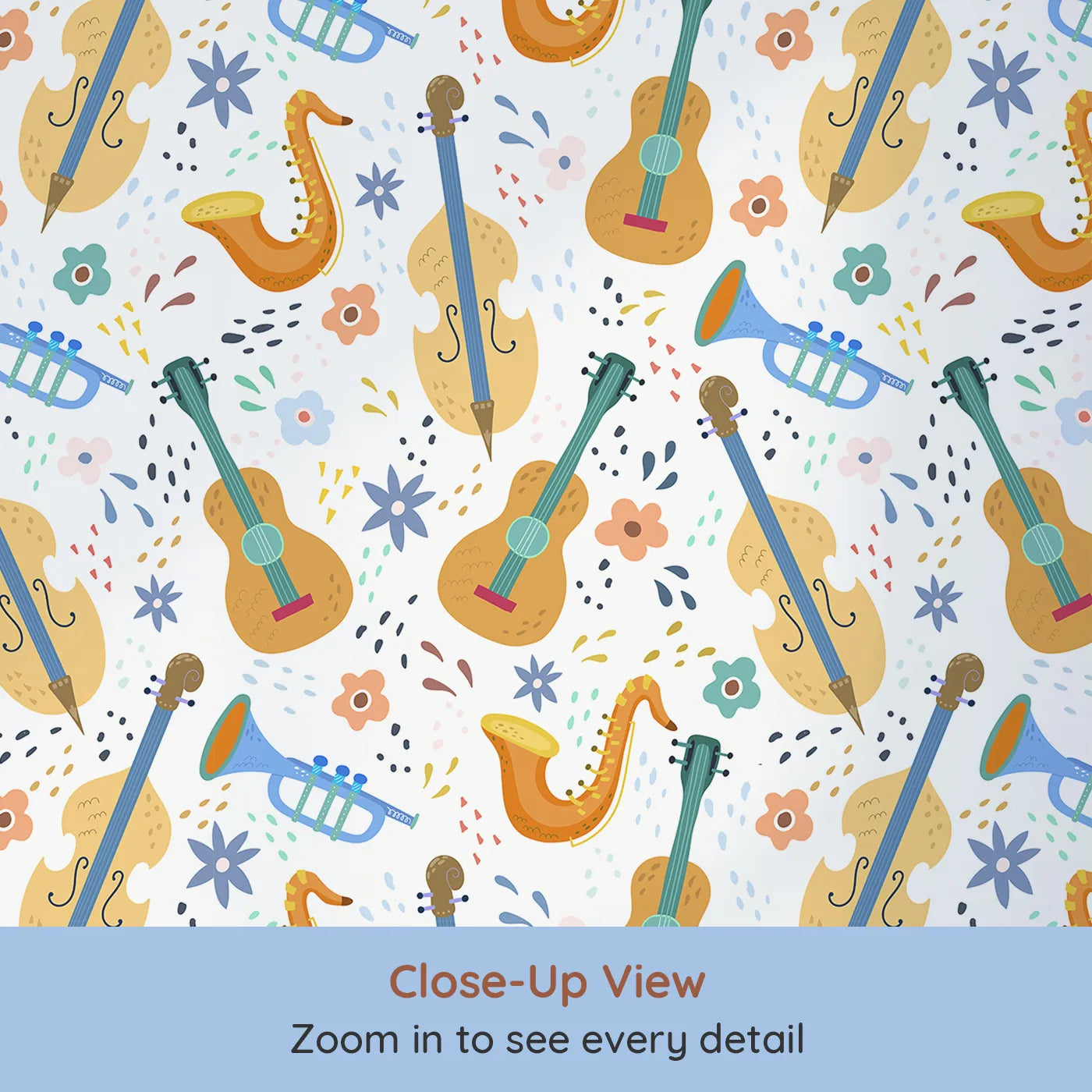 Close-up view of Whimsy Tots' Orchestra of Colors Wallpaper (W2040).Where every instrument is ready to play a happy tune.