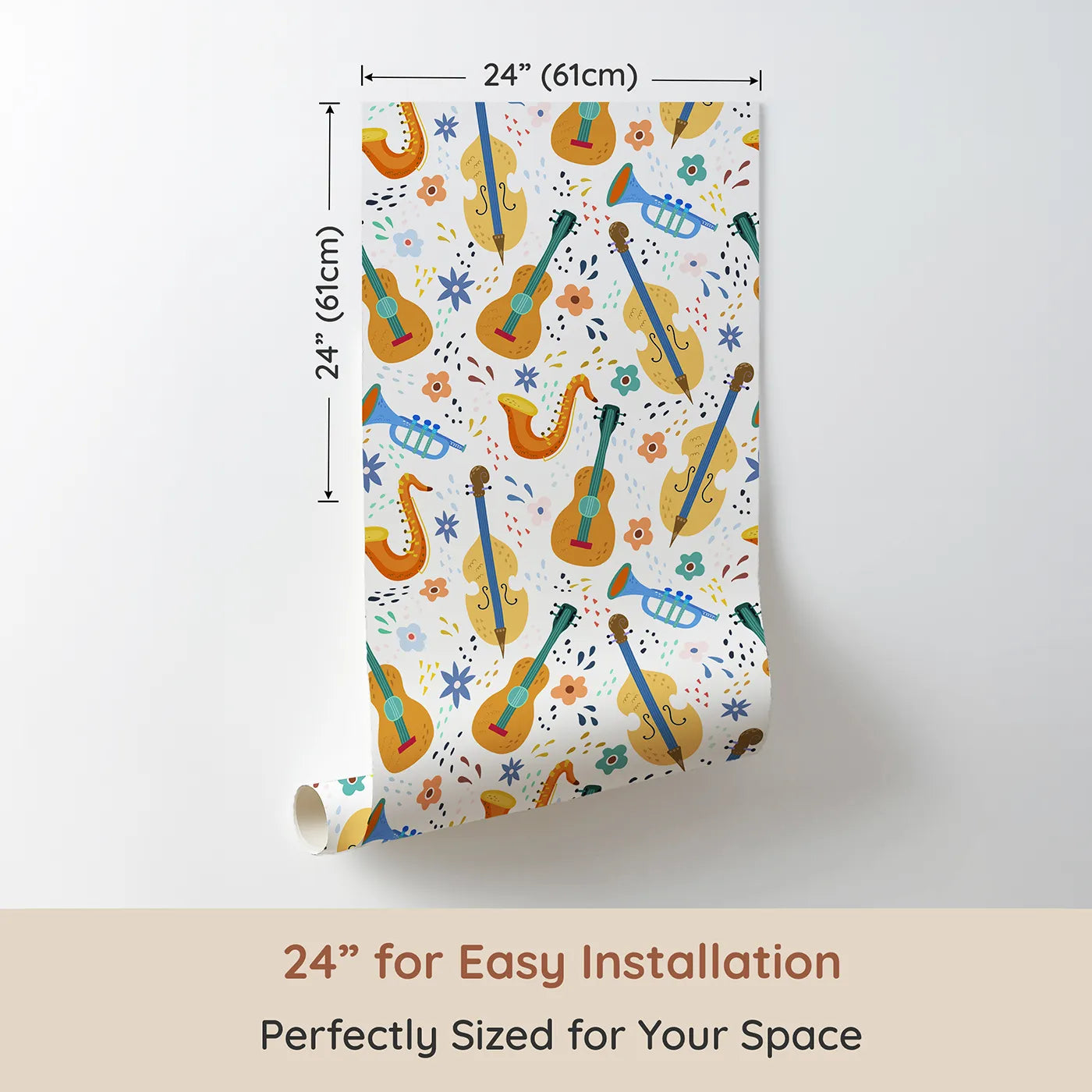 Dimension view of Whimsy Tots Orchestra of Colors Wallpaper (W2040). Printed in 24-inch-wide panel for easy installation. Where every instrument is ready to play a happy tune.