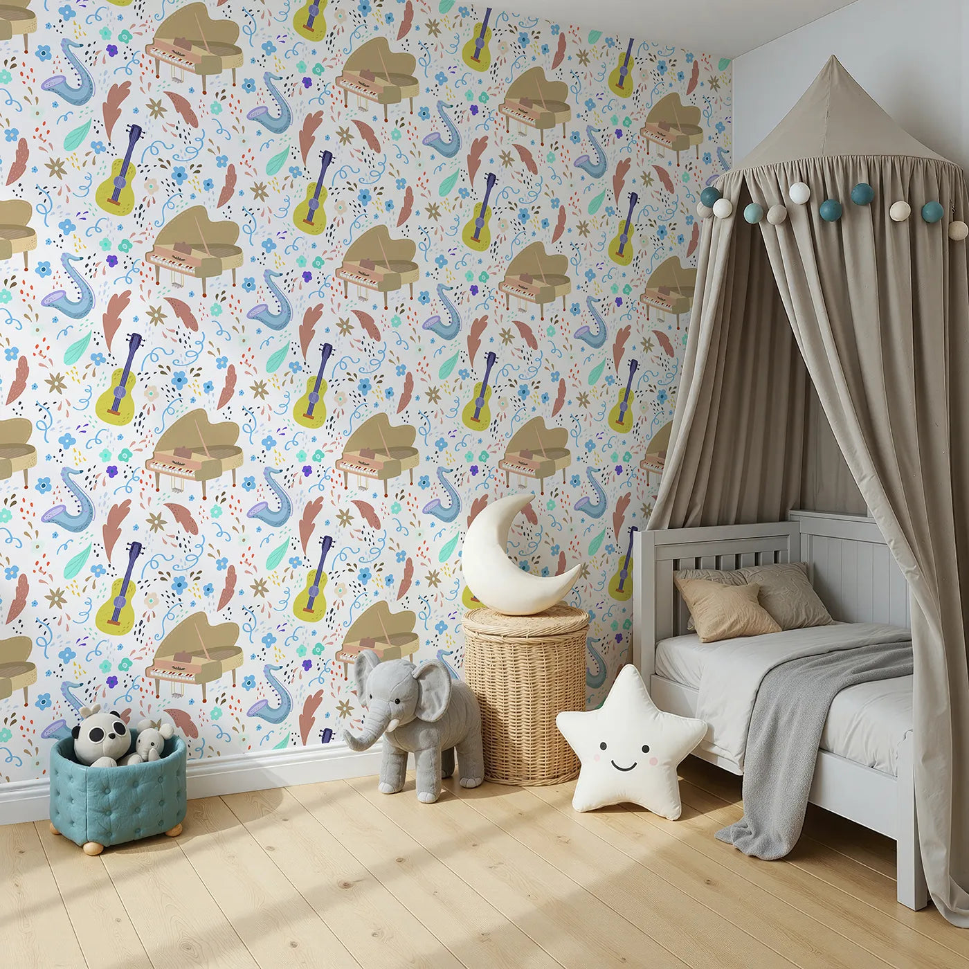 Angled view of Whimsy Tots' Musical Meadow Wallpaper (W2041).Where pianos and saxophones bloom among the flowers.