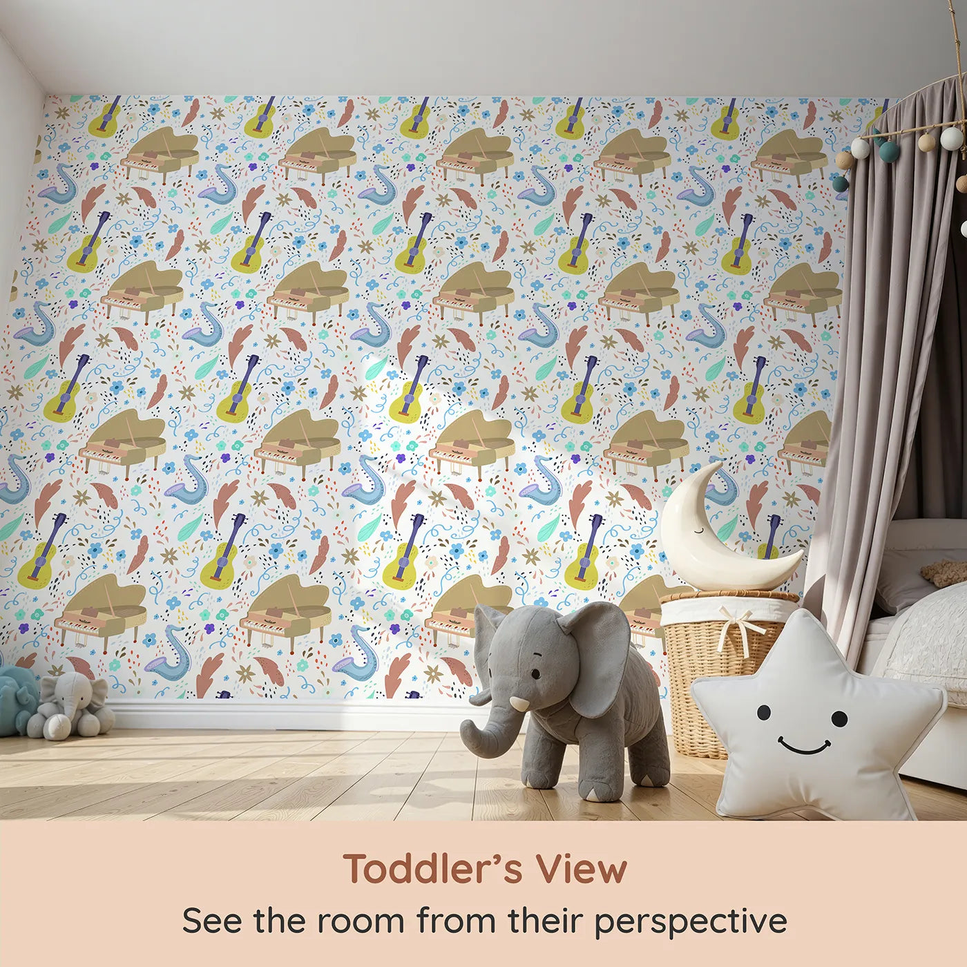 Whimsy Tots Musical Meadow Wallpaper (W2041) from your child's view.Where pianos and saxophones bloom among the flowers.