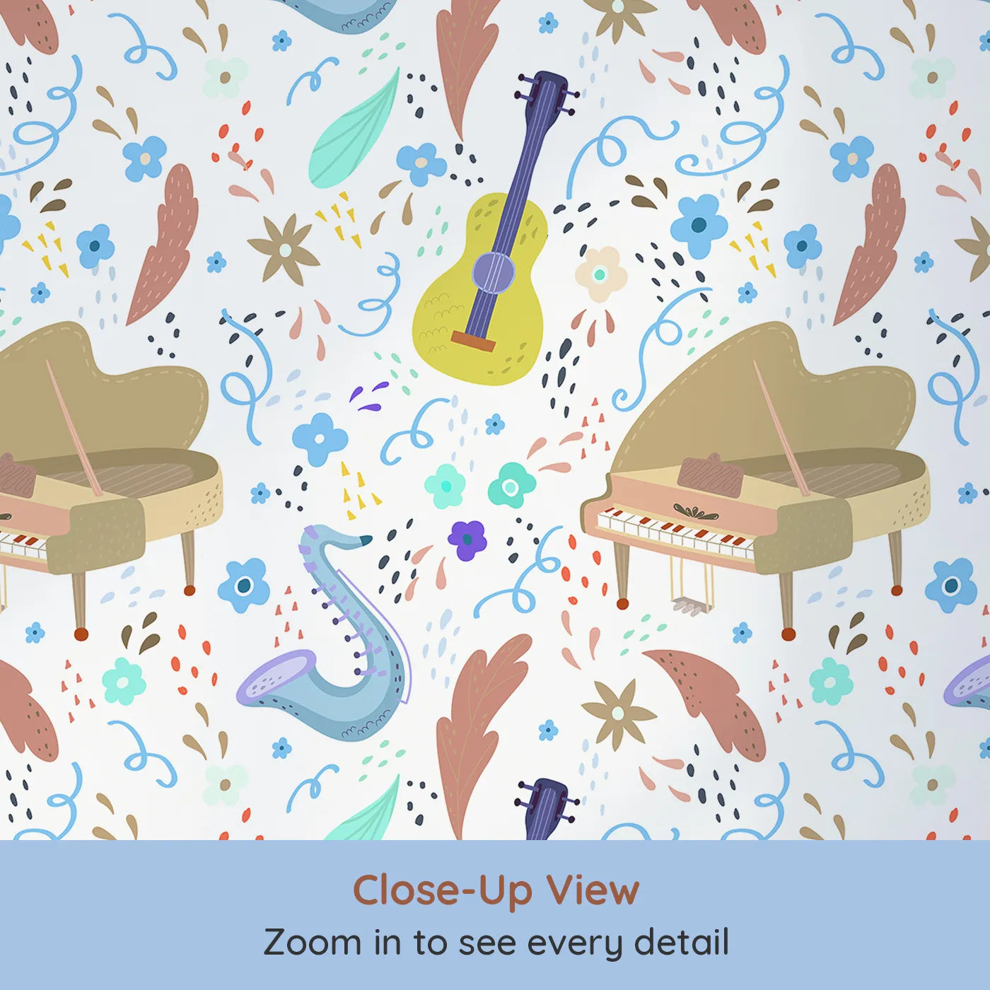 Close-up view of Whimsy Tots' Musical Meadow Wallpaper (W2041).Where pianos and saxophones bloom among the flowers.