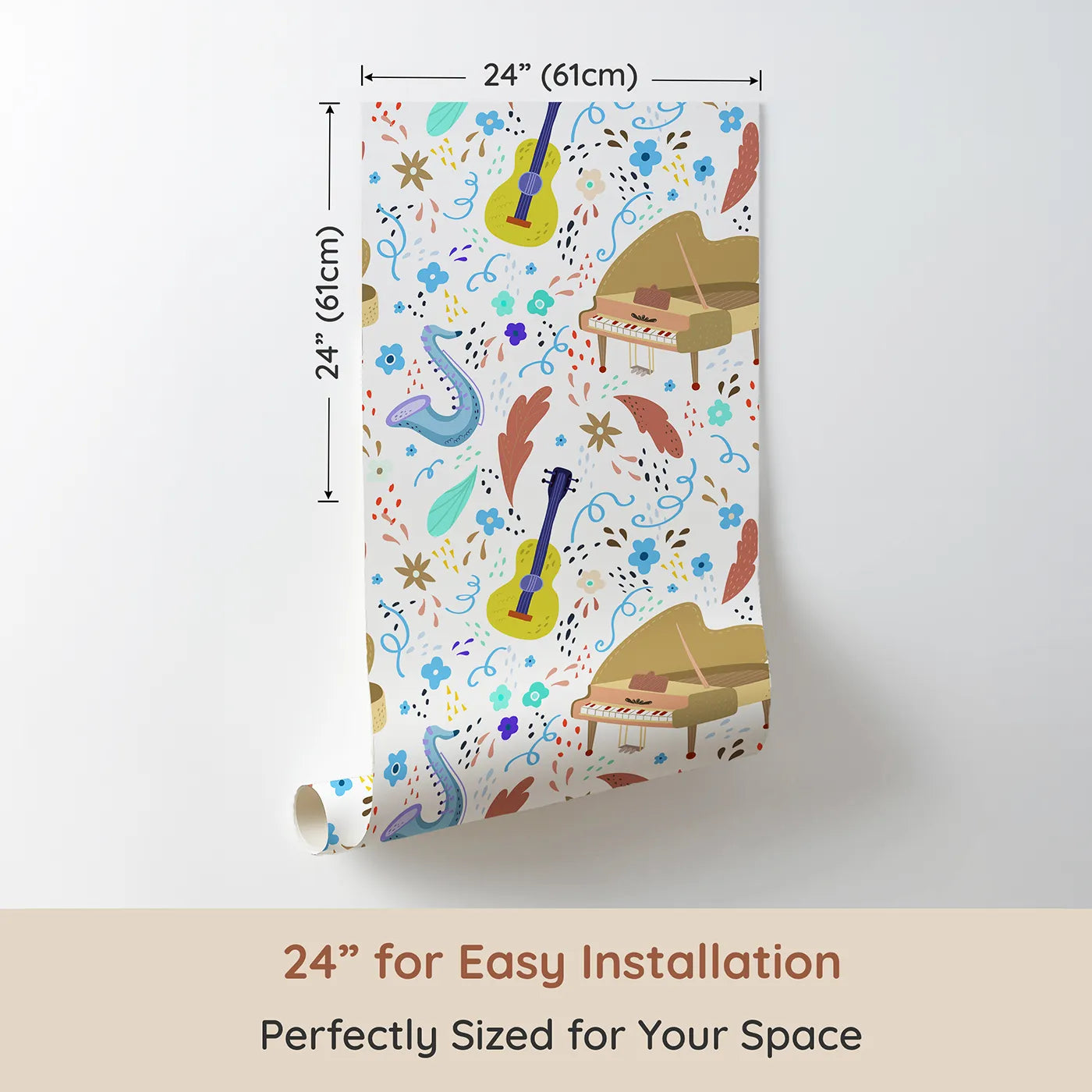 Dimension view of Whimsy Tots Musical Meadow Wallpaper (W2041). Printed in 24-inch-wide panel for easy installation. Where pianos and saxophones bloom among the flowers.