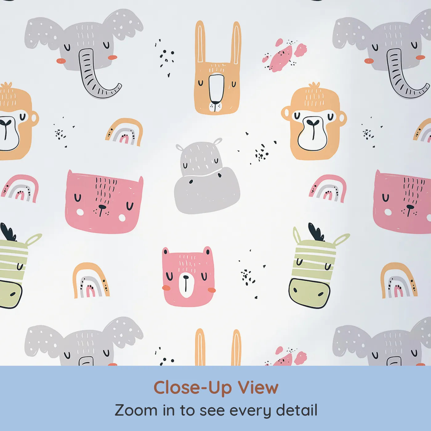 Close-up view of Whimsy Tots' Safari Rainbow Friends Wallpaper (W2042).Where friendly animal faces and cheerful rainbows pop up to say hello.