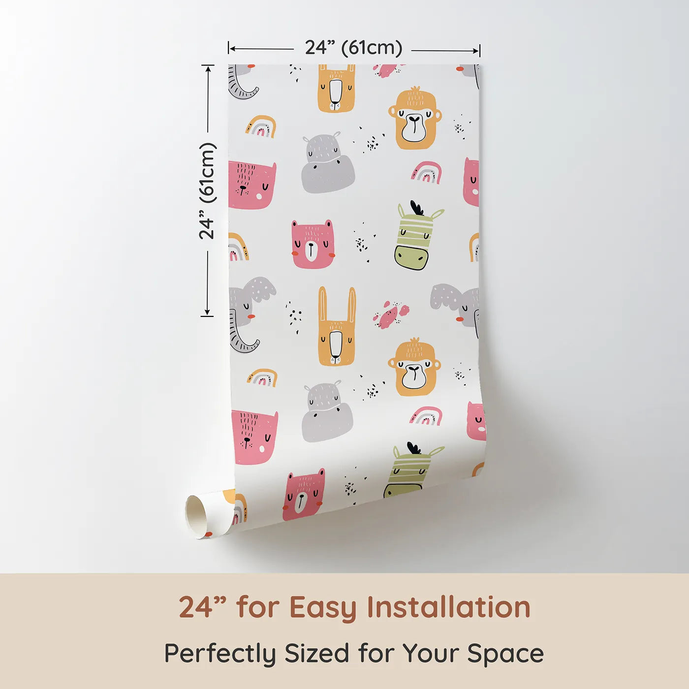 Dimension view of Whimsy Tots Safari Rainbow Friends Wallpaper (W2042). Printed in 24-inch-wide panel for easy installation. Where friendly animal faces and cheerful rainbows pop up to say hello.