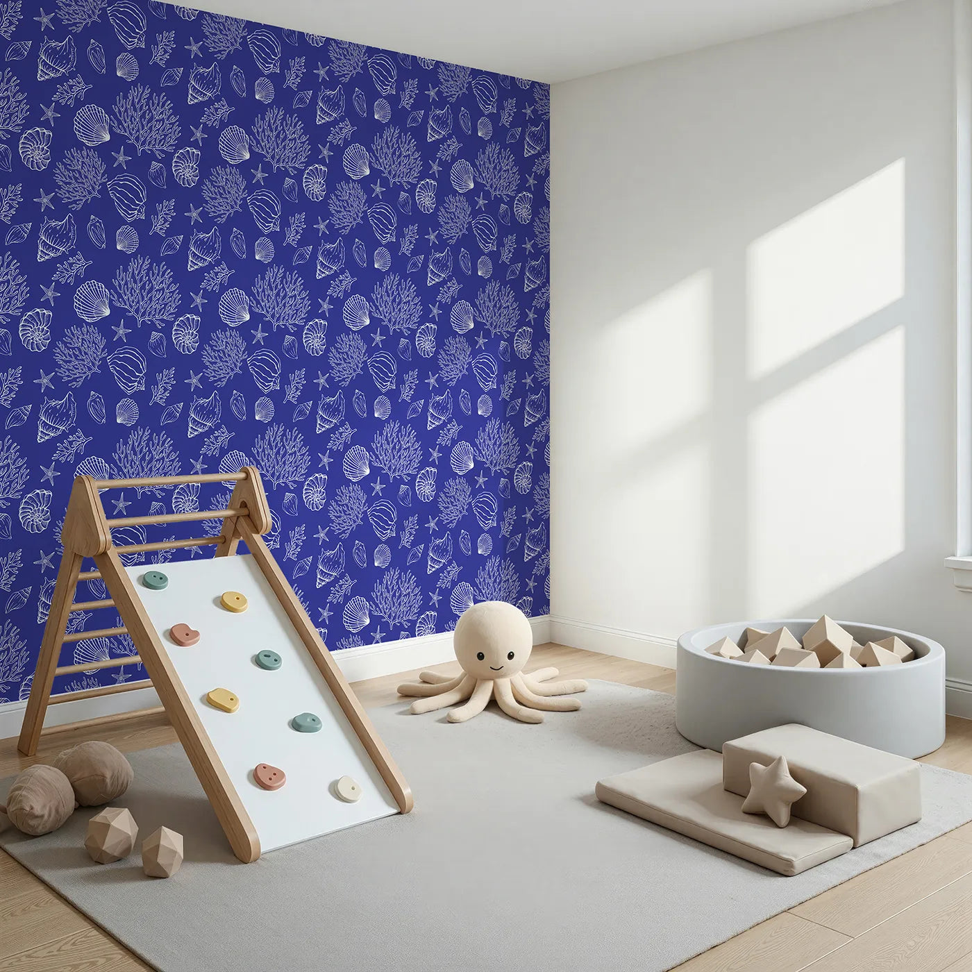 Angled view of Whimsy Tots' Seashell Sketch Wallpaper in Blue (W2044).Where the beauty of the ocean is captured in timeless blue and white.