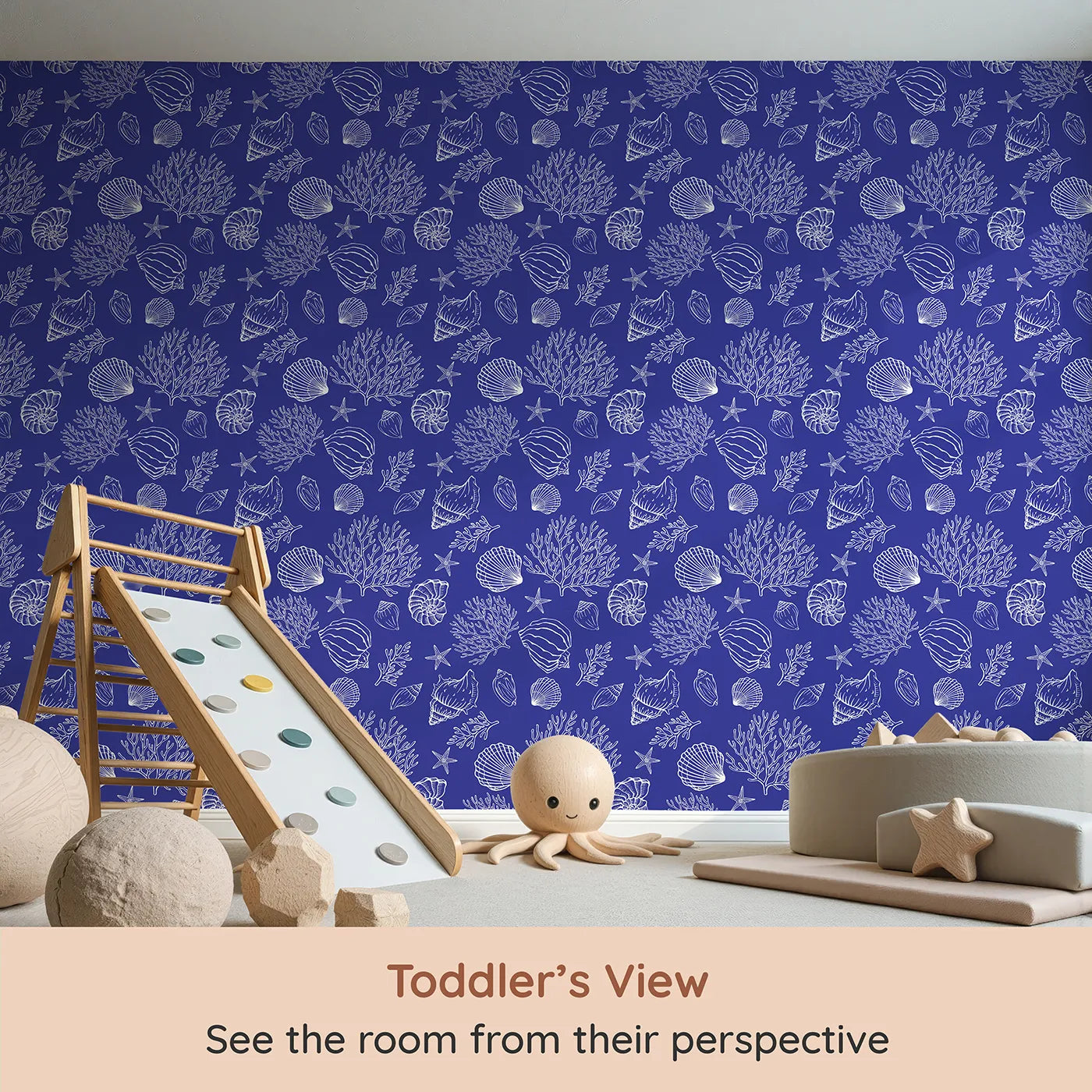 Whimsy Tots Seashell Sketch Wallpaper in Blue (W2044) from your child's view.Where the beauty of the ocean is captured in timeless blue and white.