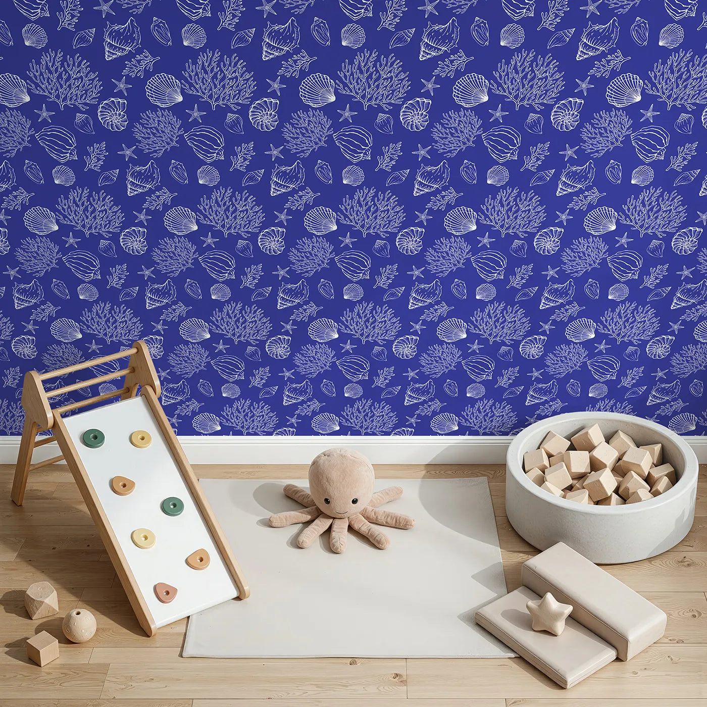 Top-Down view of Whimsy Tots' Seashell Sketch Wallpaper in Blue (W2044).Where the beauty of the ocean is captured in timeless blue and white.