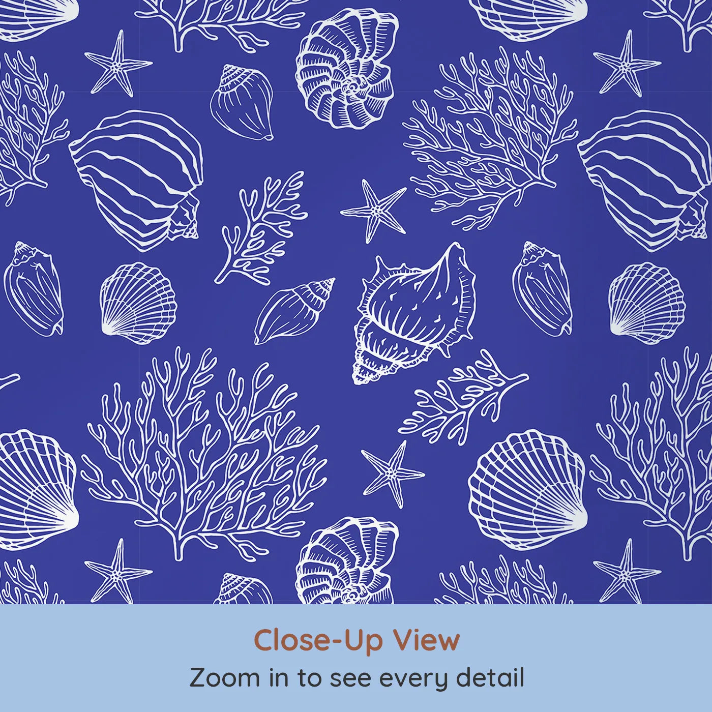 Close-up view of Whimsy Tots' Seashell Sketch Wallpaper in Blue (W2044).Where the beauty of the ocean is captured in timeless blue and white.