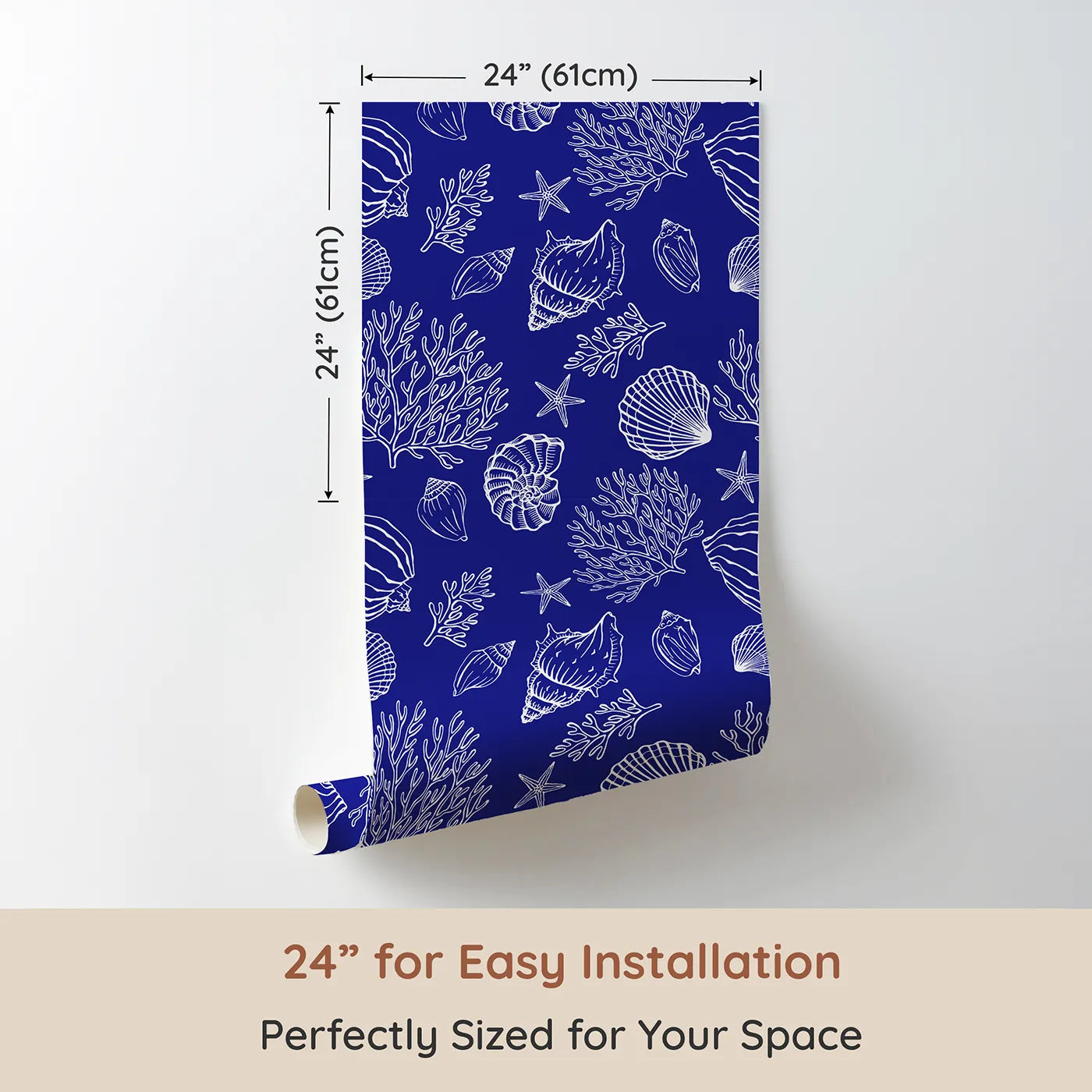 Dimension view of Whimsy Tots Seashell Sketch Wallpaper in Blue (W2044). Printed in 24-inch-wide panel for easy installation. Where the beauty of the ocean is captured in timeless blue and white.