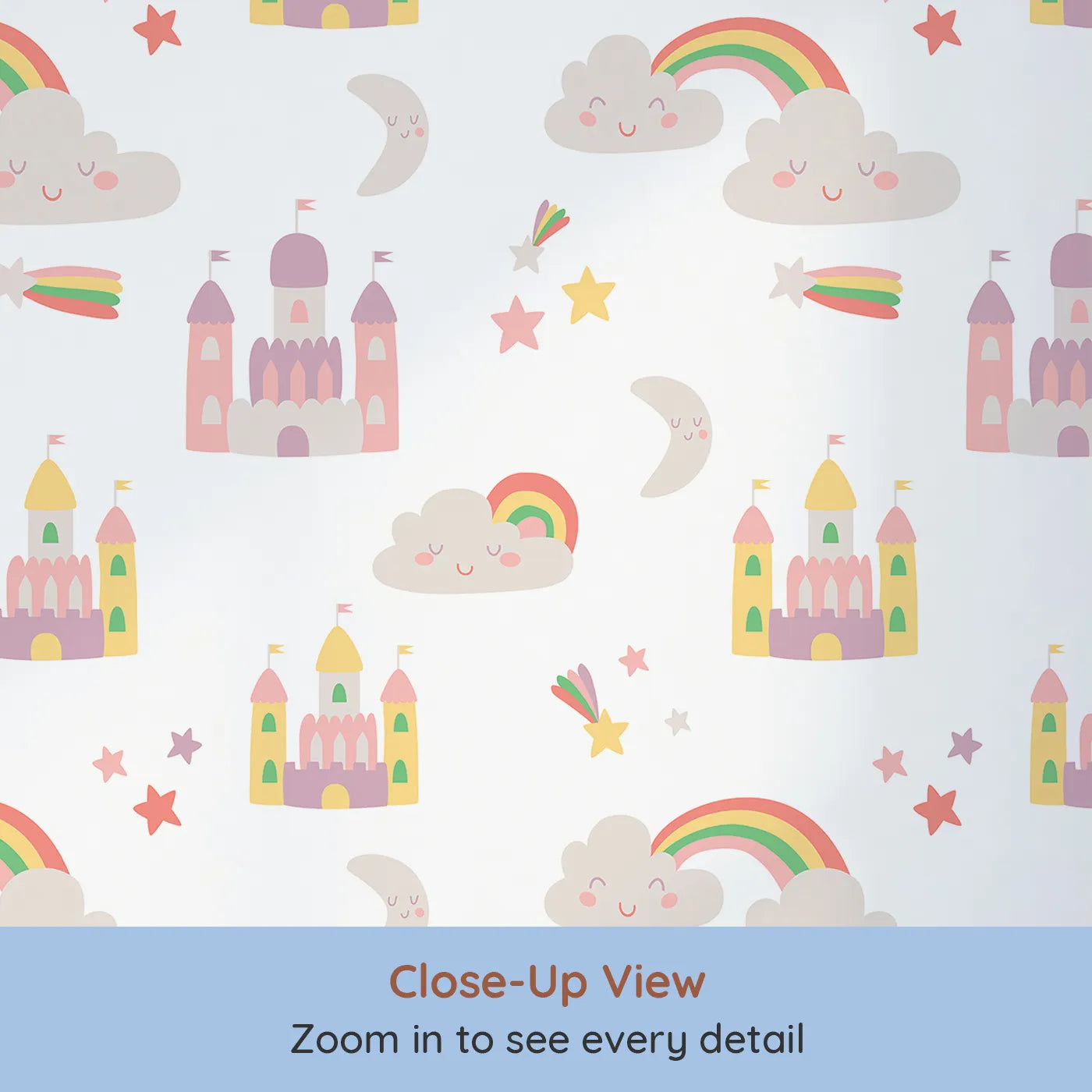 Close-up view of Whimsy Tots' Fairytale Sky Kingdom Wallpaper (W2045).Where pastel castles float among smiling moons and shooting stars.