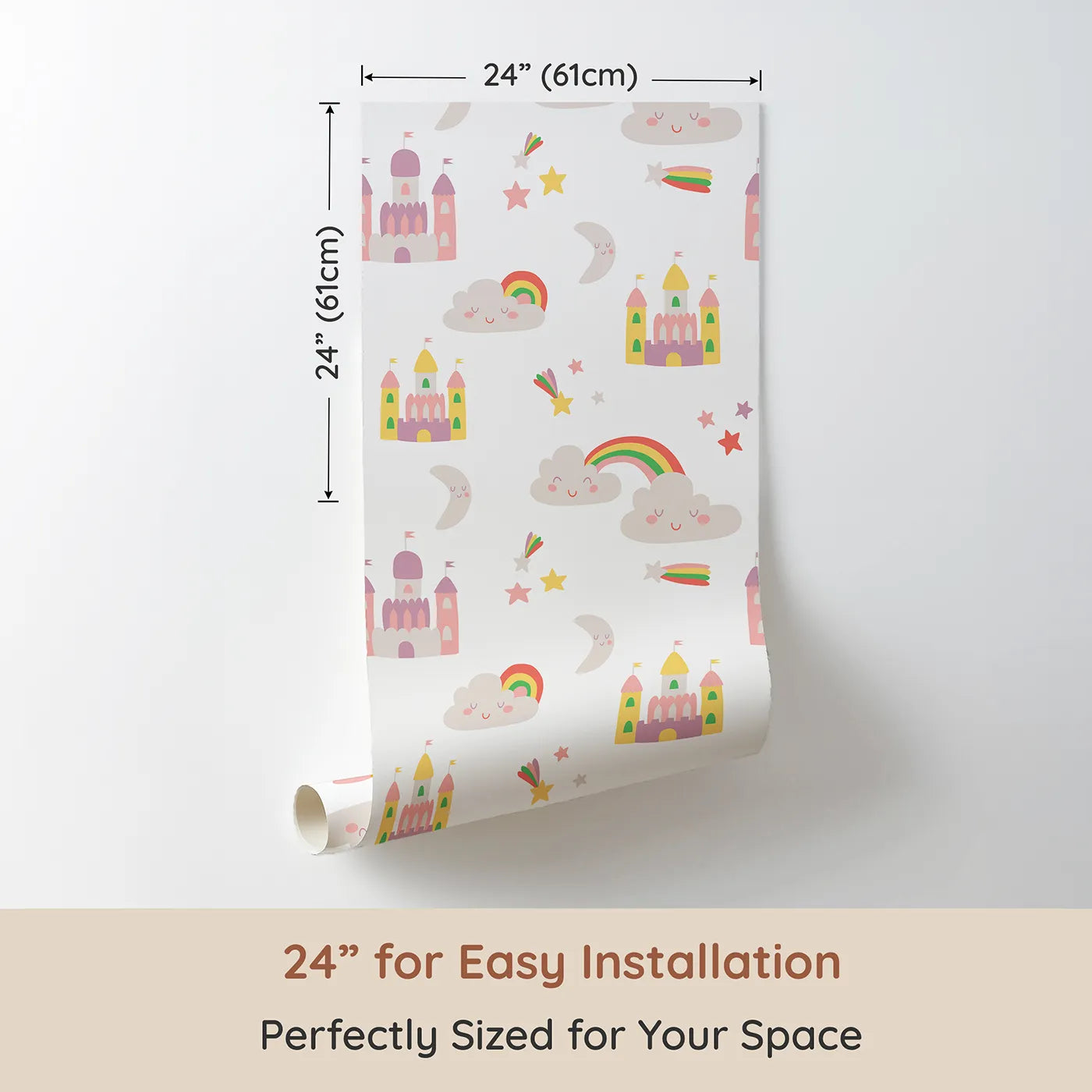 Dimension view of Whimsy Tots Fairytale Sky Kingdom Wallpaper (W2045). Printed in 24-inch-wide panel for easy installation. Where pastel castles float among smiling moons and shooting stars.