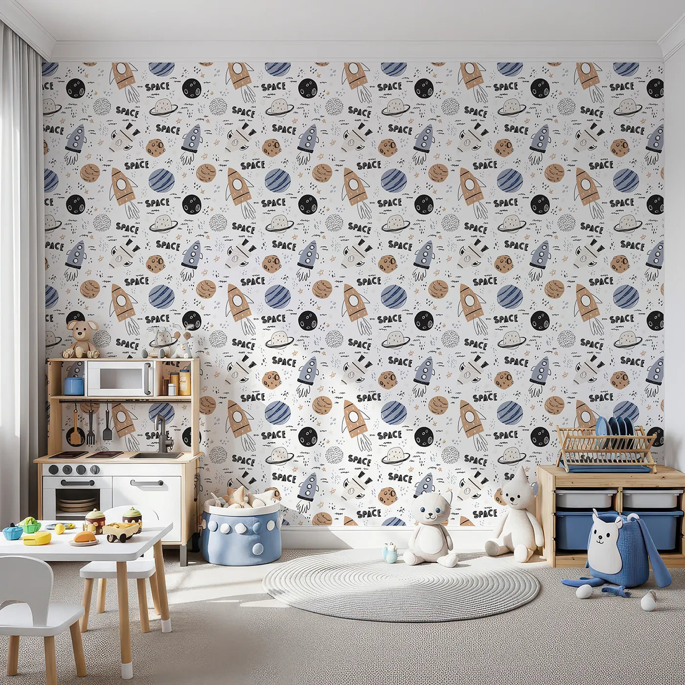 Front view of Whimsy Tots' Boho Space Scribbles Wallpaper