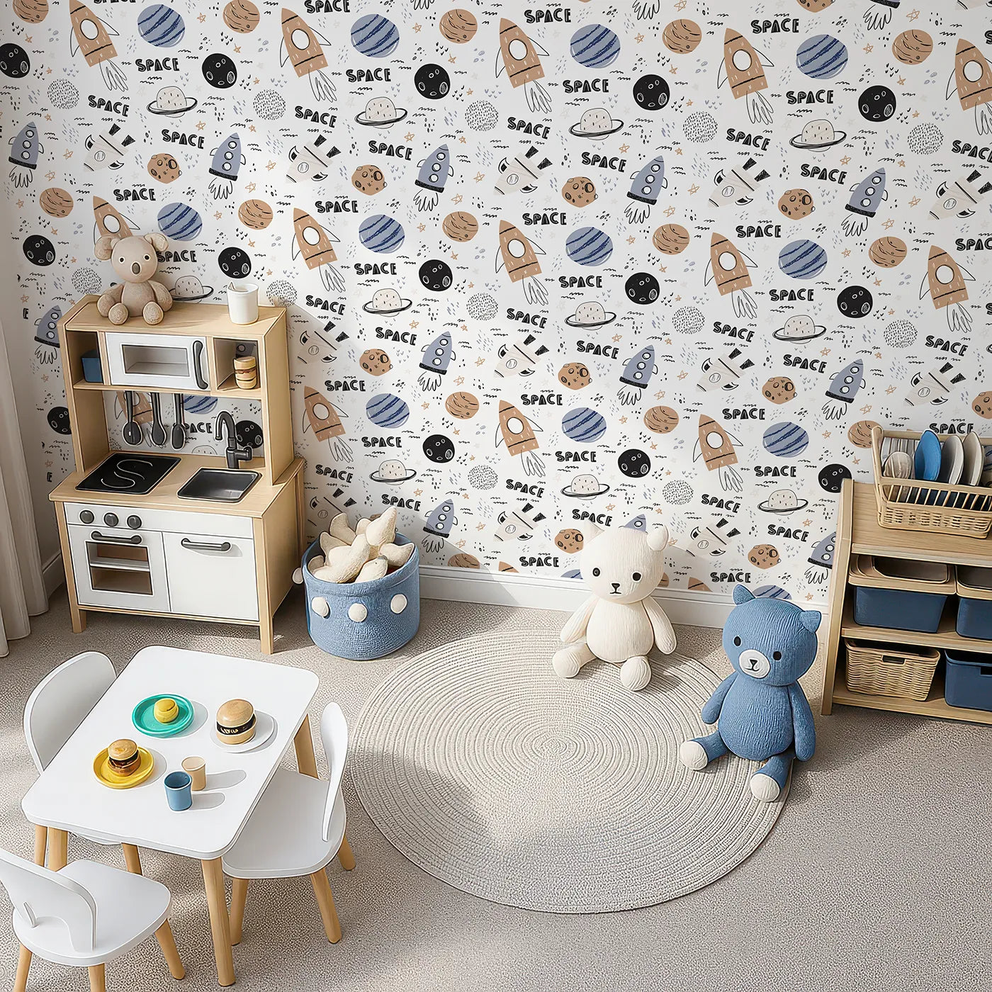 Top-Down view of Whimsy Tots' Boho Space Scribbles Wallpaper (W2046).Where hand-drawn rockets and planets are ready for a stylish launch.