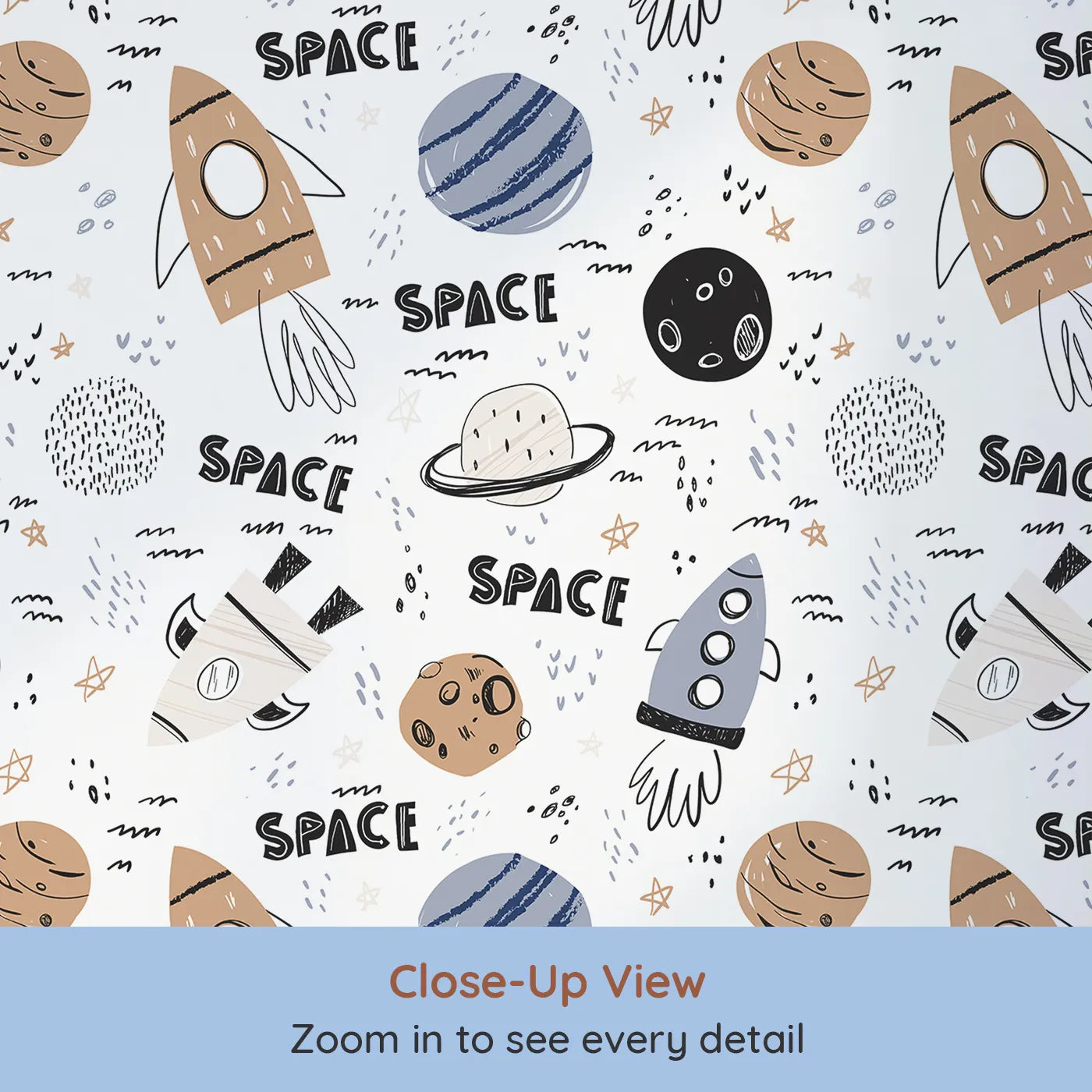 Close-up view of Whimsy Tots' Boho Space Scribbles Wallpaper (W2046).Where hand-drawn rockets and planets are ready for a stylish launch.