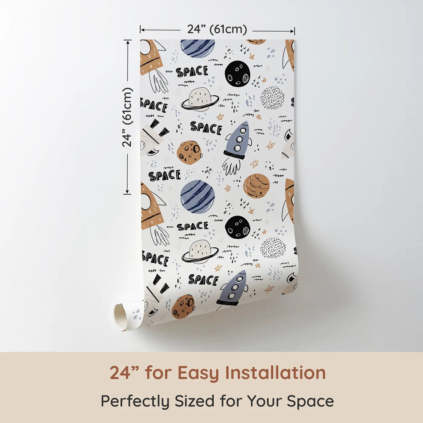 Dimension view of Whimsy Tots Boho Space Scribbles Wallpaper (W2046). Printed in 24-inch-wide panel for easy installation. Where hand-drawn rockets and planets are ready for a stylish launch.