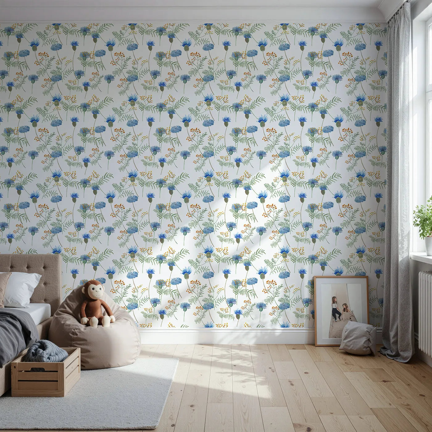 Front view of Whimsy Tots' Watercolor Wildflower Meadow Wallpaper