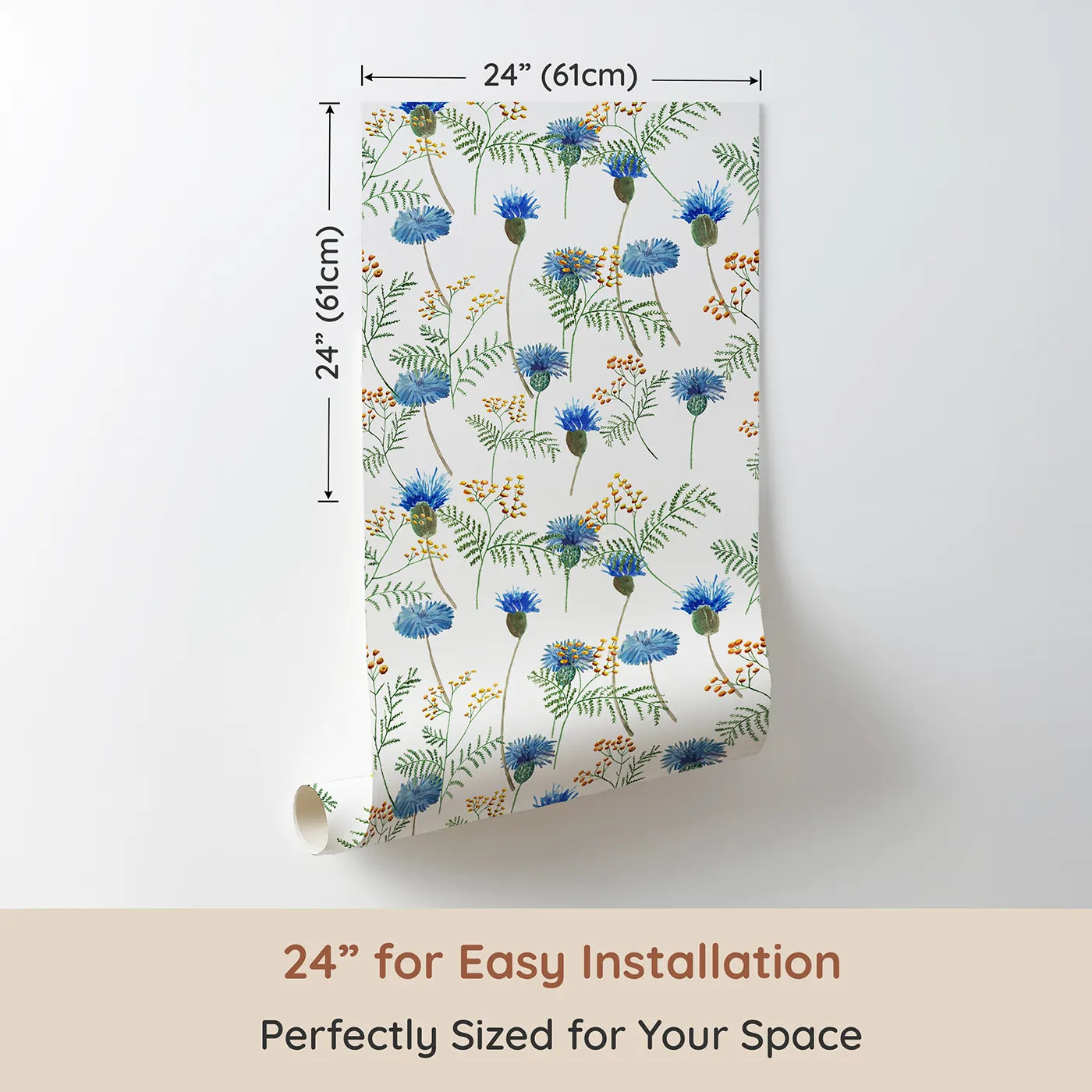 Dimension view of Whimsy Tots Watercolor Wildflower Meadow Wallpaper (W2047). Printed in 24-inch-wide panel for easy installation. Where delicate wildflowers sway in a soft breeze.