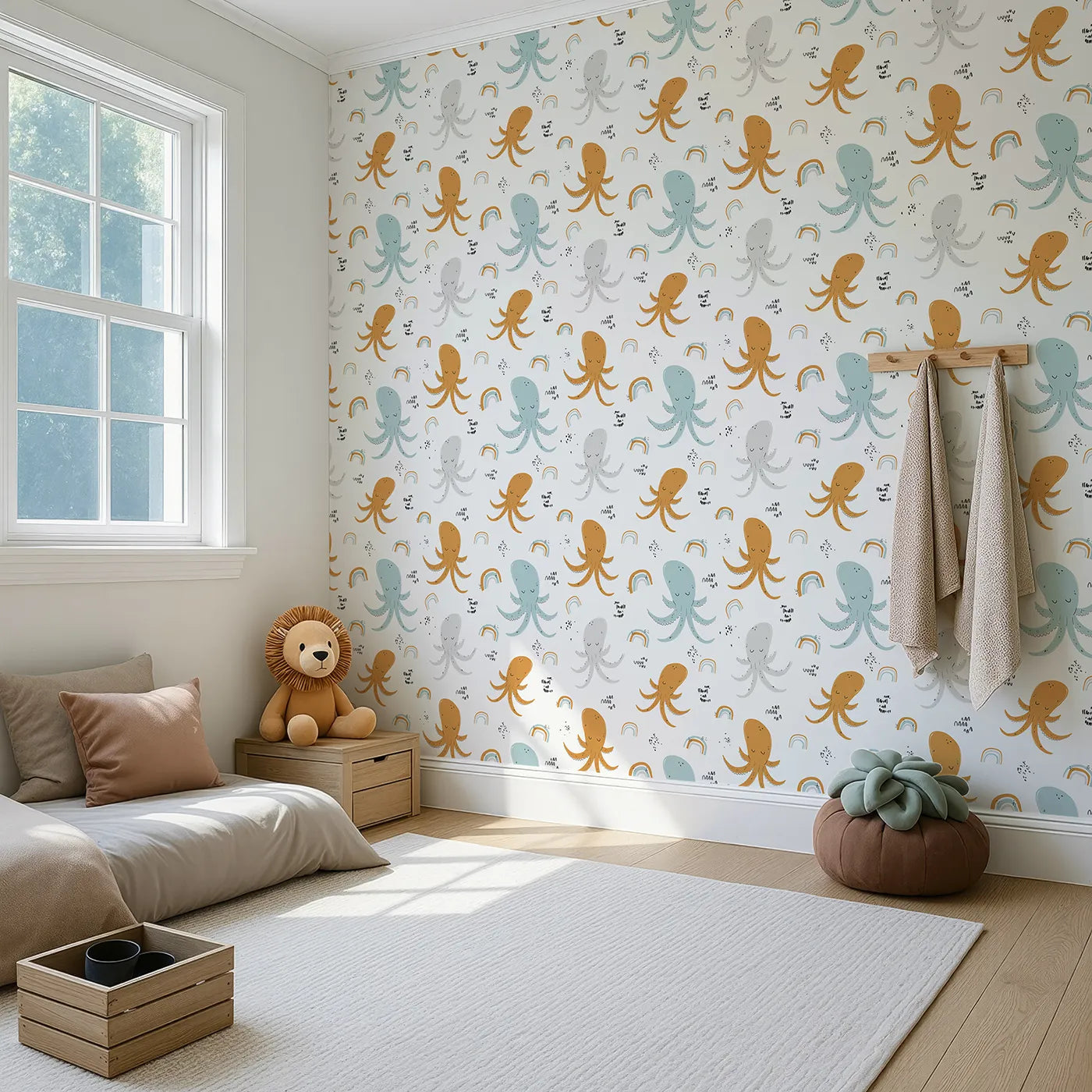 Angled view of Whimsy Tots' Boho Octopus Friends Wallpaper (W2048).Where friendly octopuses and gentle rainbows float on the currents.