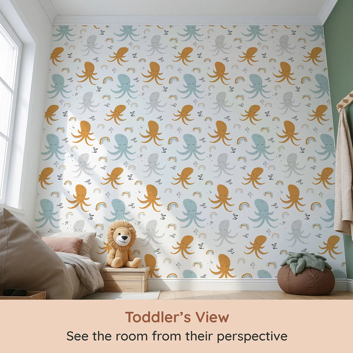 Whimsy Tots Boho Octopus Friends Wallpaper (W2048) from your child's view.Where friendly octopuses and gentle rainbows float on the currents.