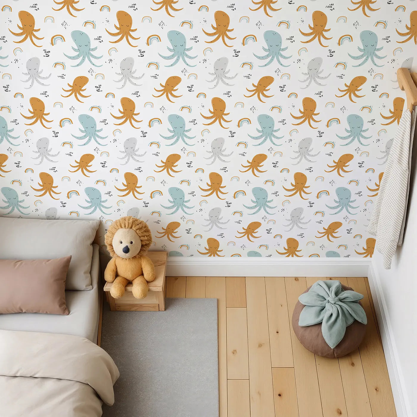 Top-Down view of Whimsy Tots' Boho Octopus Friends Wallpaper (W2048).Where friendly octopuses and gentle rainbows float on the currents.