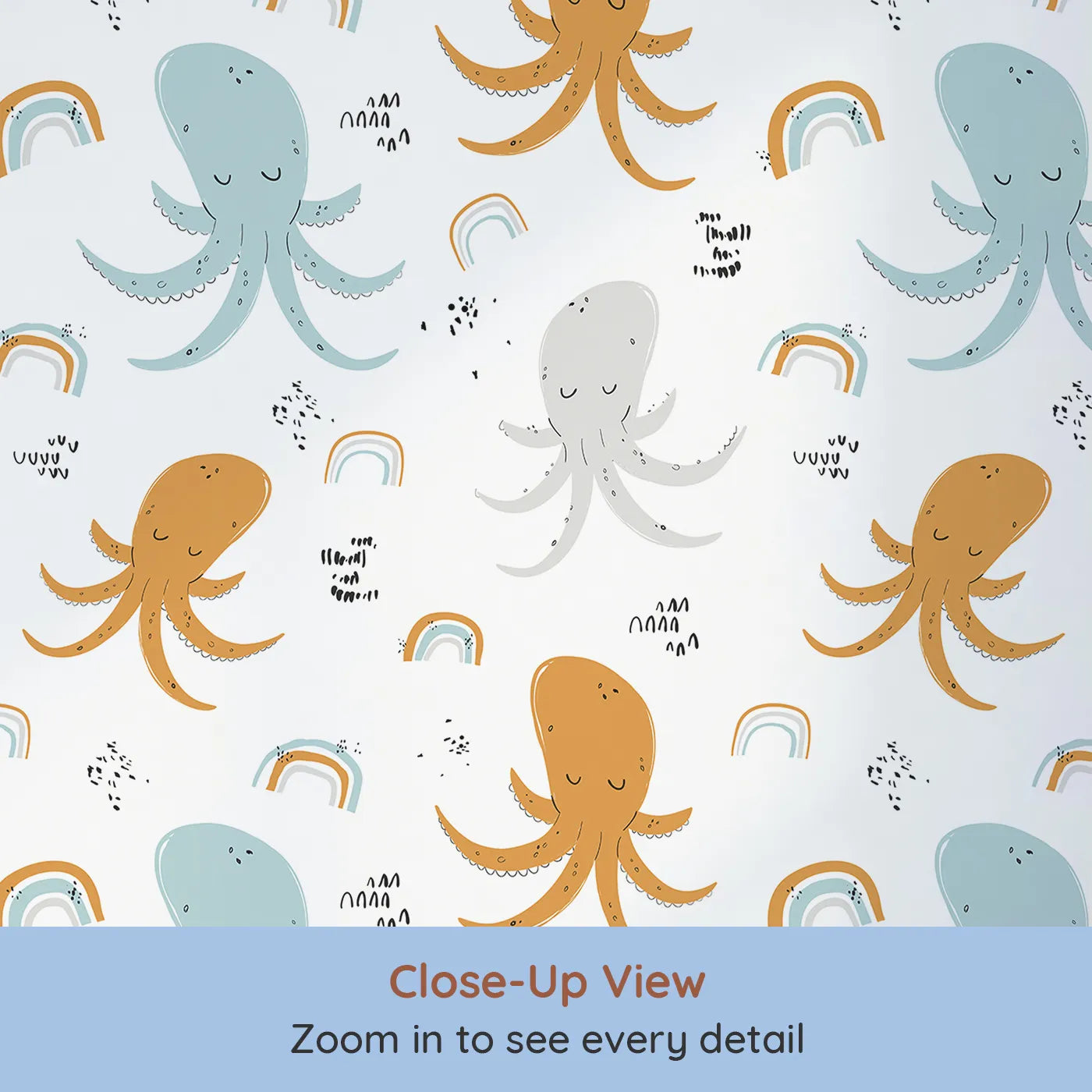 Close-up view of Whimsy Tots' Boho Octopus Friends Wallpaper (W2048).Where friendly octopuses and gentle rainbows float on the currents.