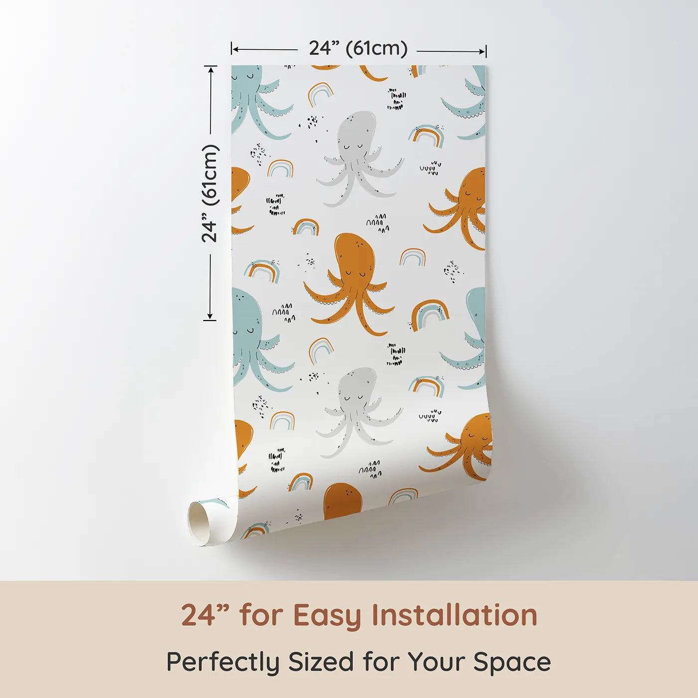 Dimension view of Whimsy Tots Boho Octopus Friends Wallpaper (W2048). Printed in 24-inch-wide panel for easy installation. Where friendly octopuses and gentle rainbows float on the currents.