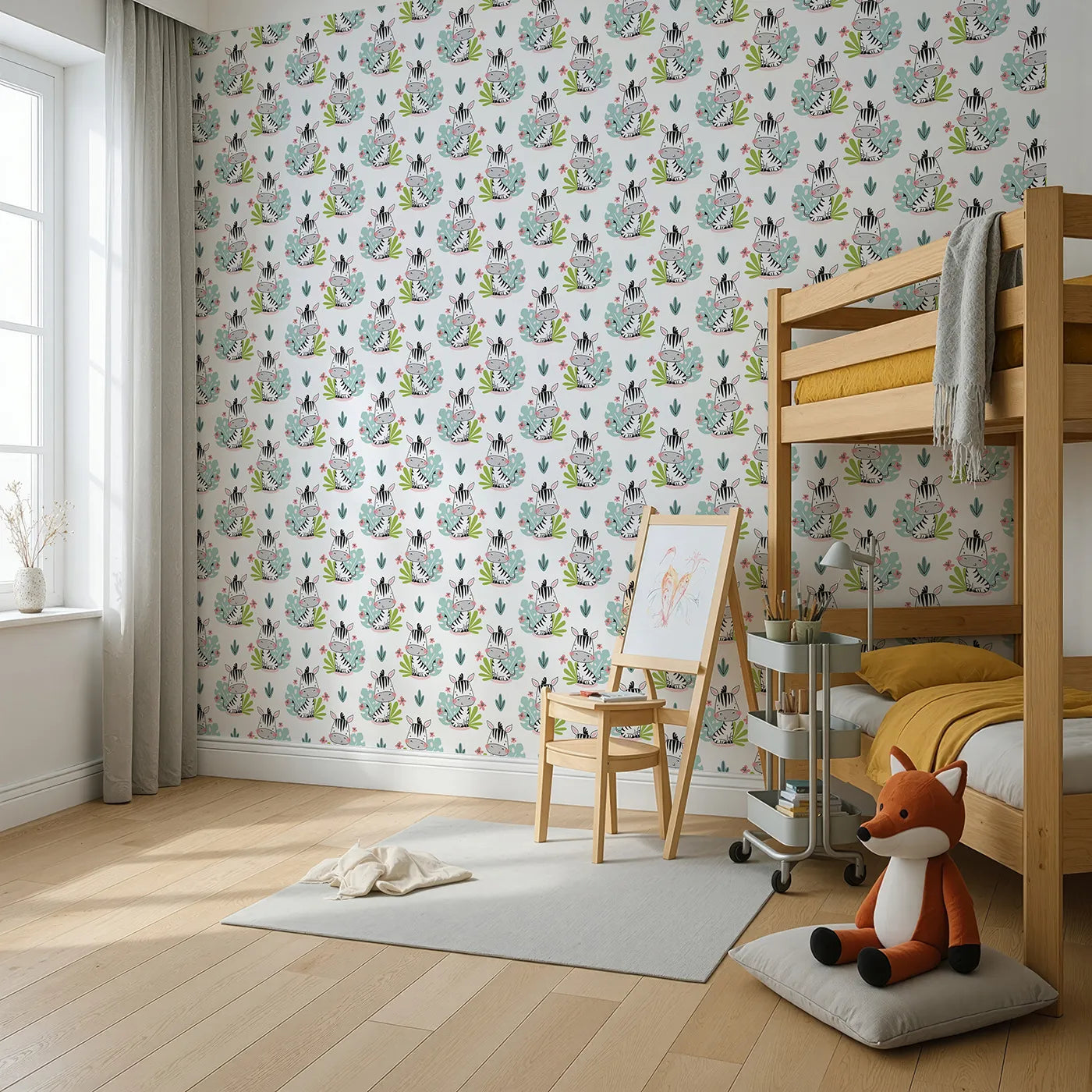 Angled view of Whimsy Tots' Tropical Zebra Bloom Wallpaper (W2050).Where the cutest zebras stop to smell the flowers.