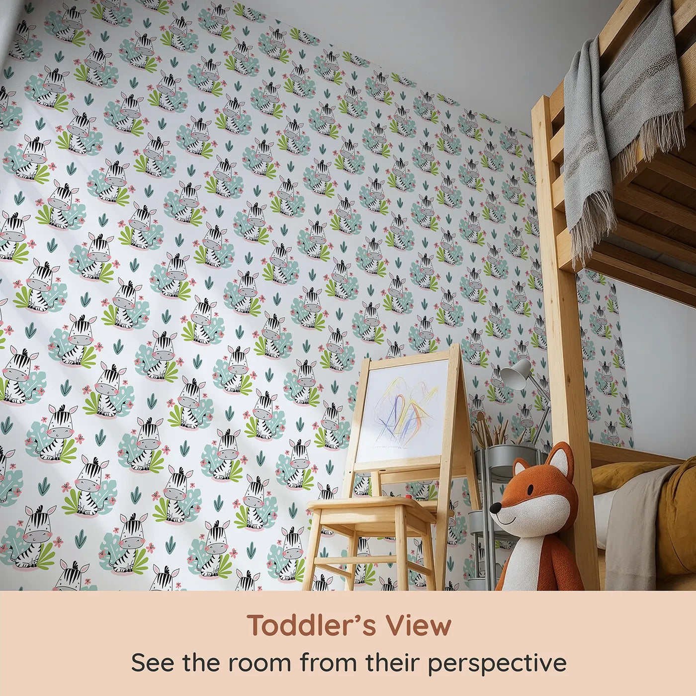 Whimsy Tots Tropical Zebra Bloom Wallpaper (W2050) from your child's view.Where the cutest zebras stop to smell the flowers.