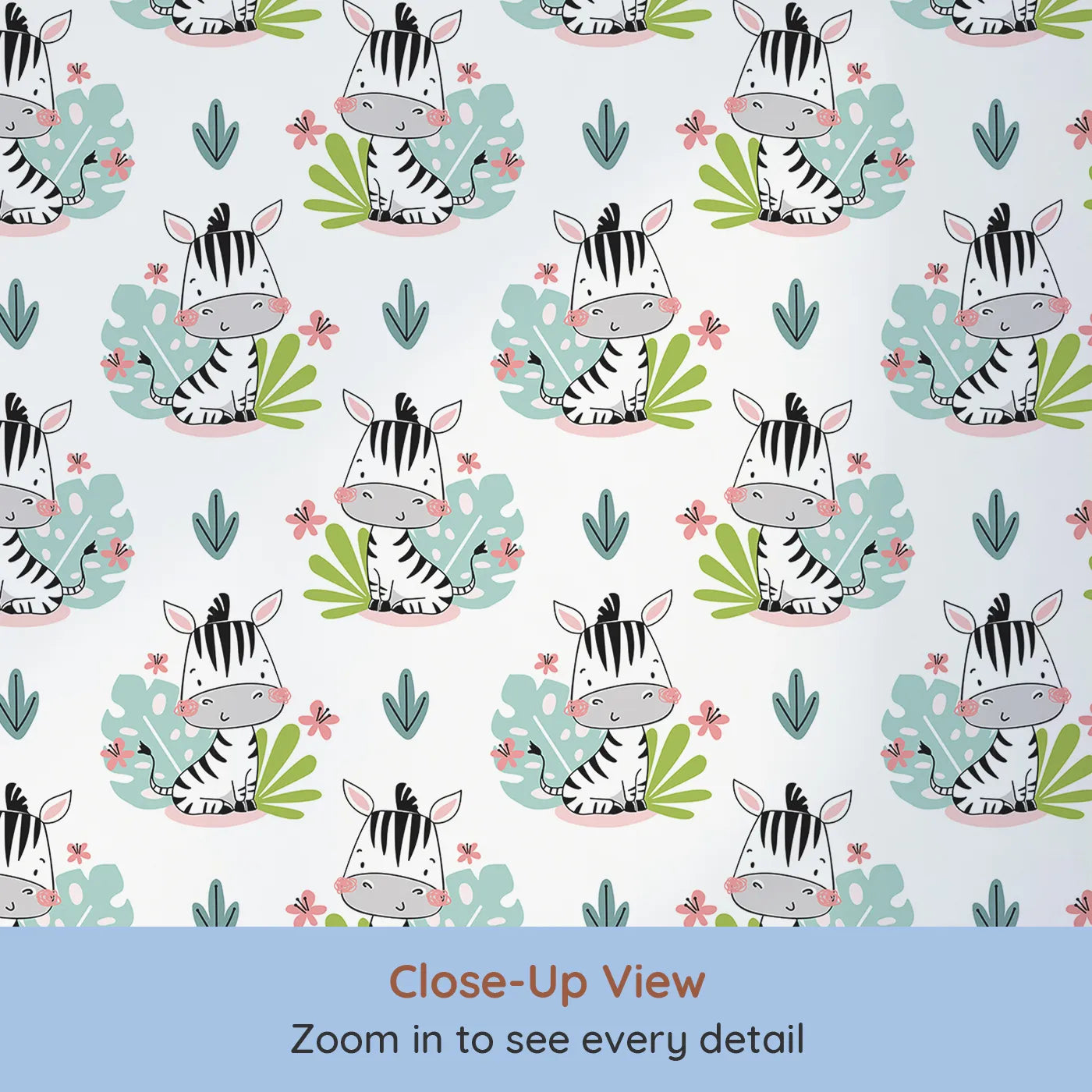 Close-up view of Whimsy Tots' Tropical Zebra Bloom Wallpaper (W2050).Where the cutest zebras stop to smell the flowers.