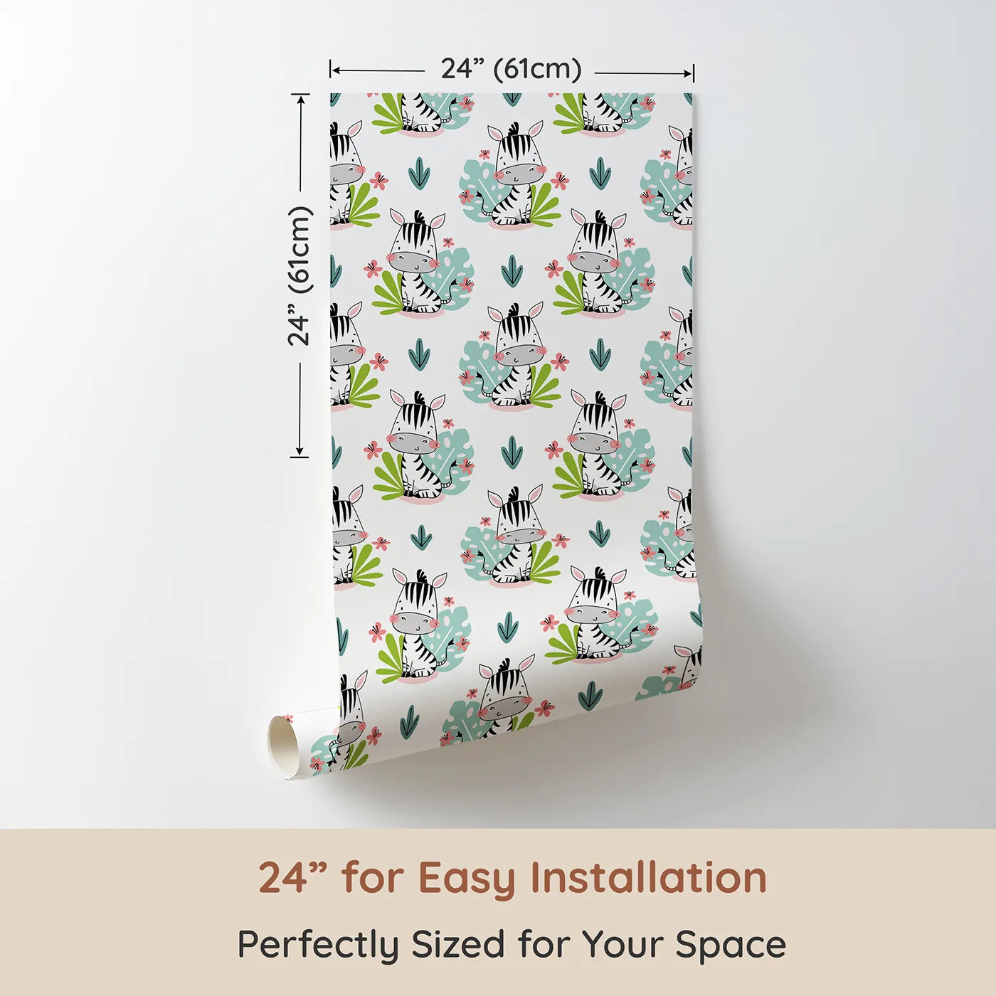 Dimension view of Whimsy Tots Tropical Zebra Bloom Wallpaper (W2050). Printed in 24-inch-wide panel for easy installation. Where the cutest zebras stop to smell the flowers.