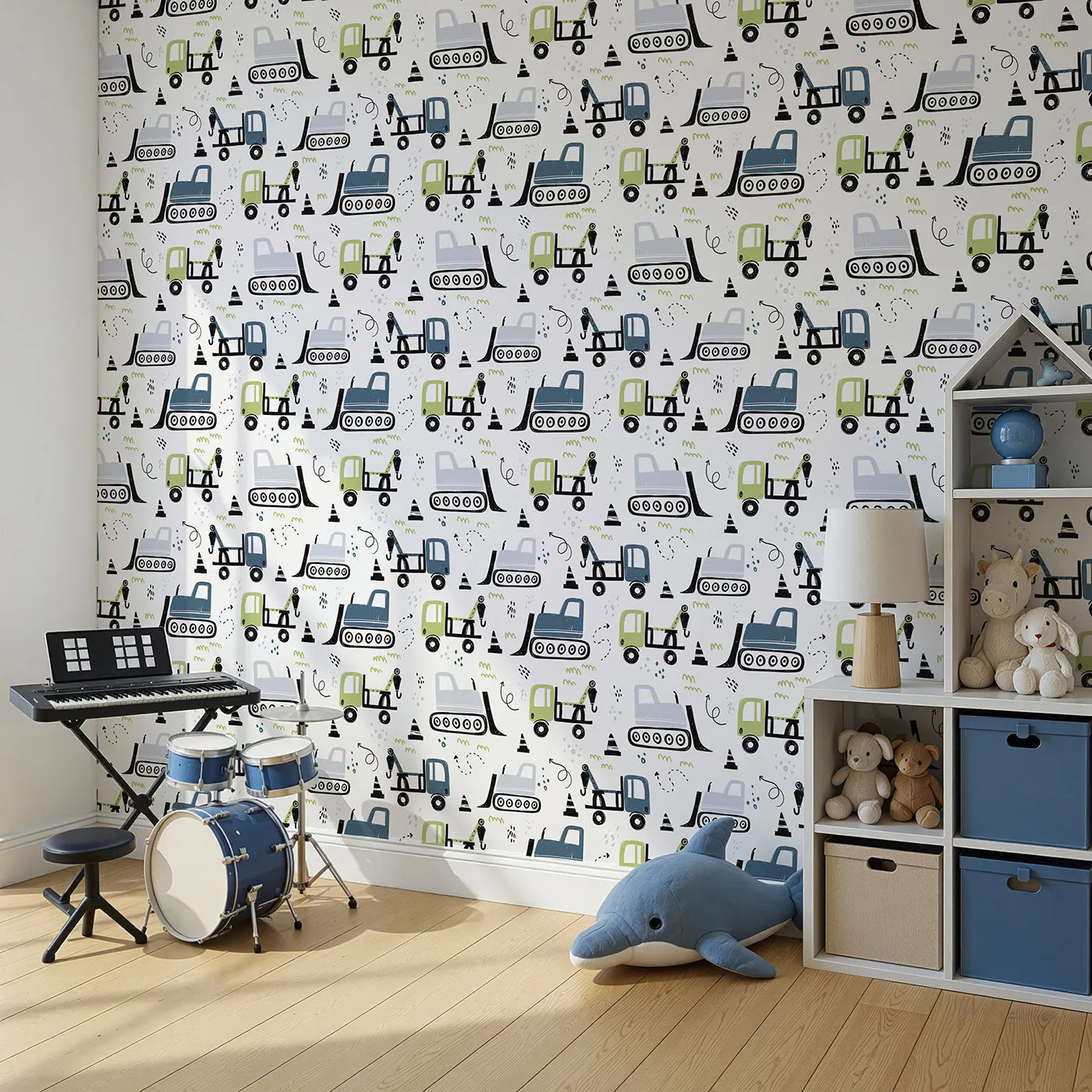 Angled view of Whimsy Tots' Construction Doodle Zone Wallpaper in Green (W2051).Where cool construction trucks are ready to build big dreams.