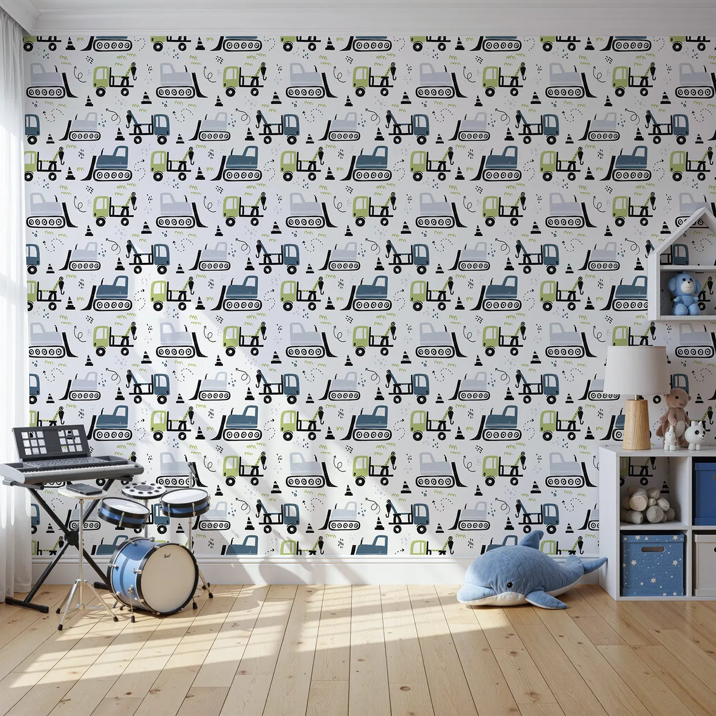 Front view of Whimsy Tots' Construction Doodle Zone Wallpaper in Green