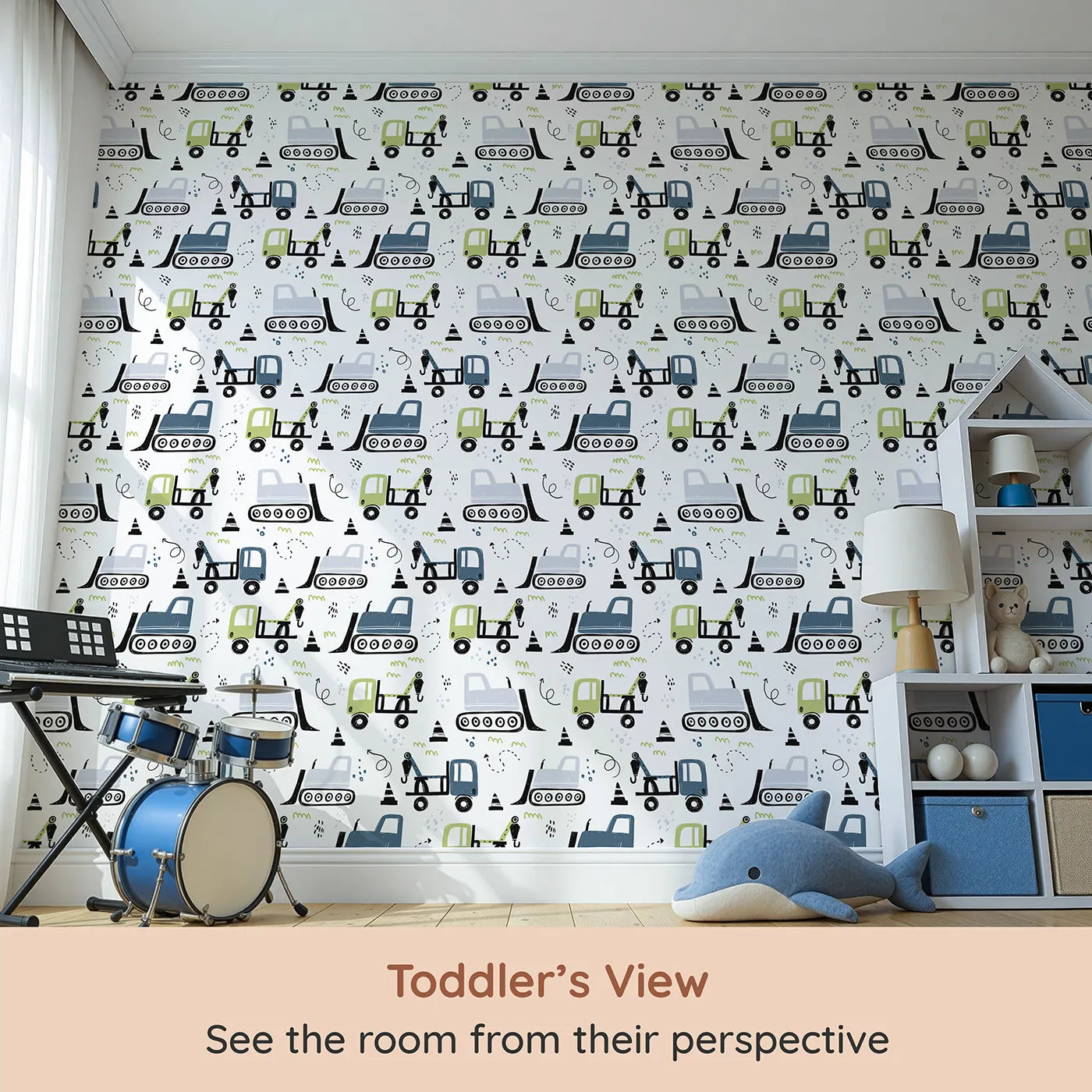 Whimsy Tots Construction Doodle Zone Wallpaper in Green (W2051) from your child's view.Where cool construction trucks are ready to build big dreams.