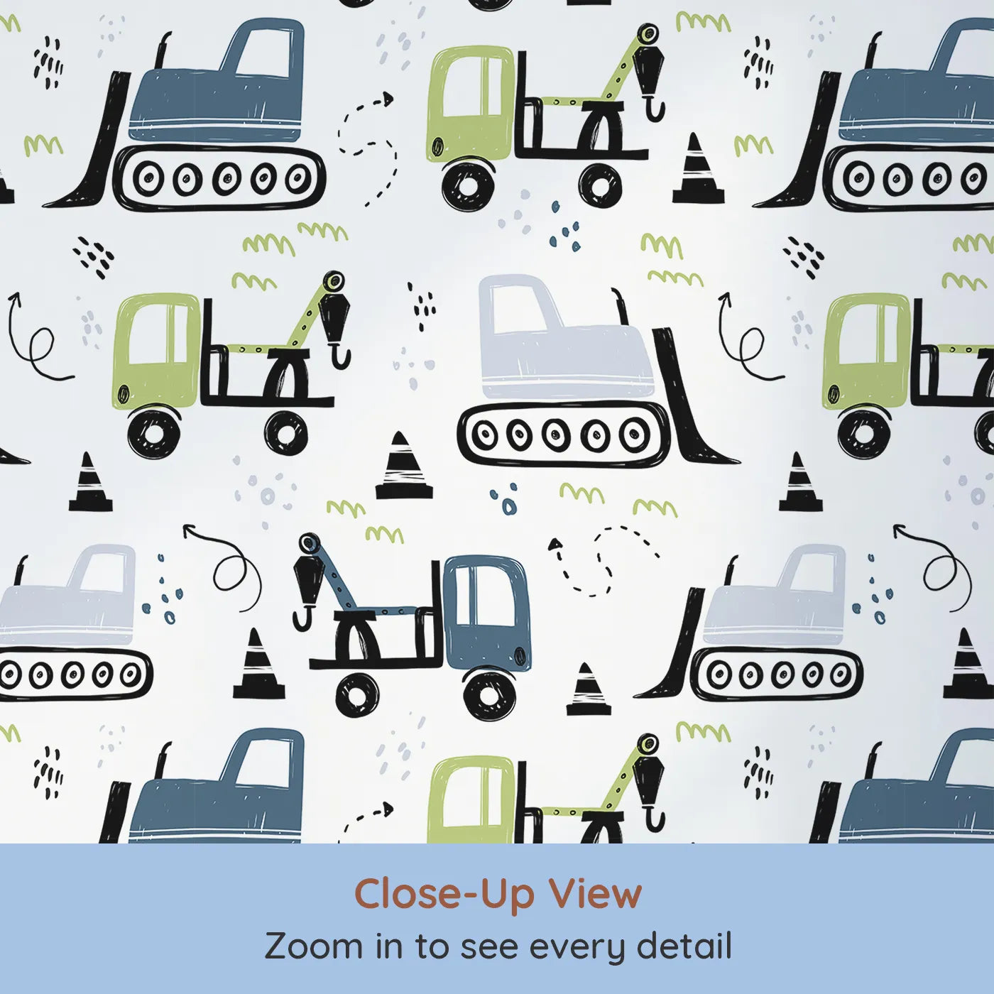 Close-up view of Whimsy Tots' Construction Doodle Zone Wallpaper in Green (W2051).Where cool construction trucks are ready to build big dreams.