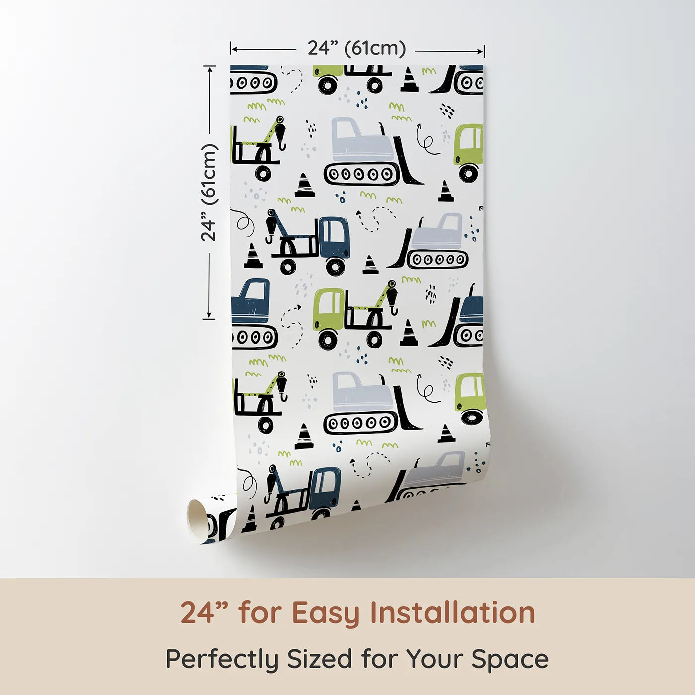 Dimension view of Whimsy Tots Construction Doodle Zone Wallpaper in Green (W2051). Printed in 24-inch-wide panel for easy installation. Where cool construction trucks are ready to build big dreams.