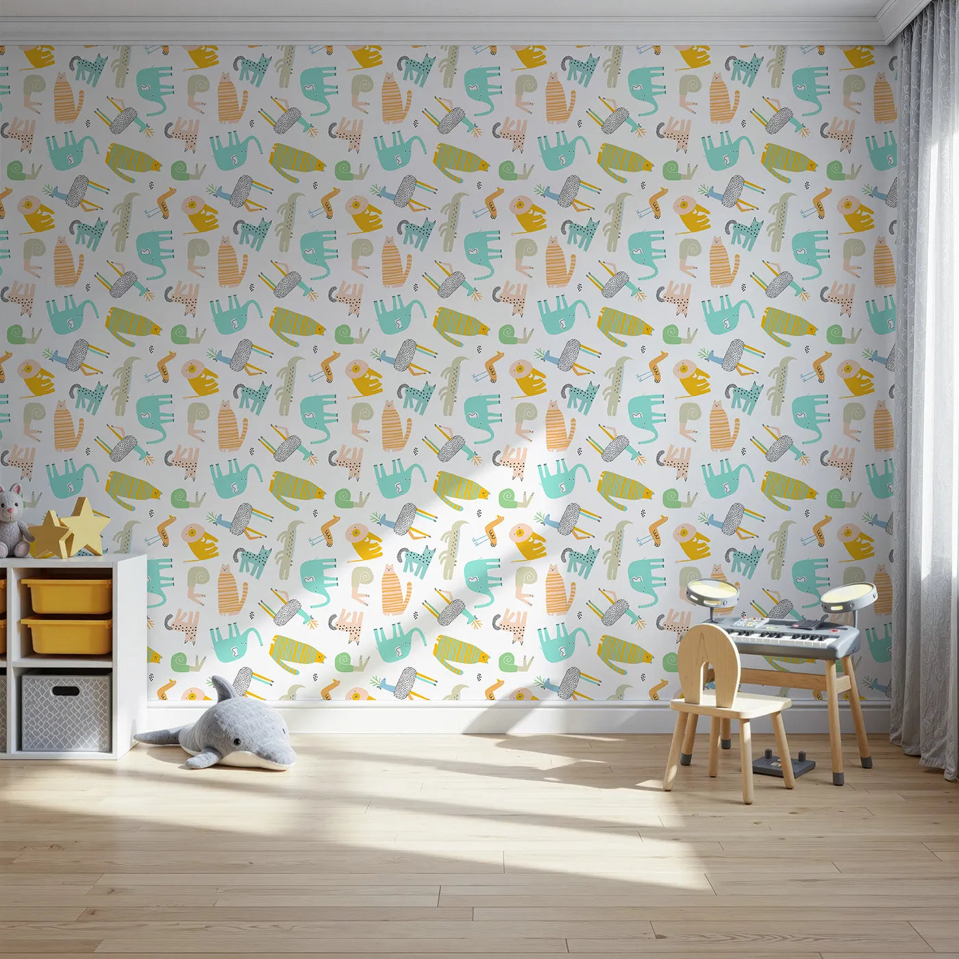 Front view of Whimsy Tots' Quirky Animal Kingdom Wallpaper