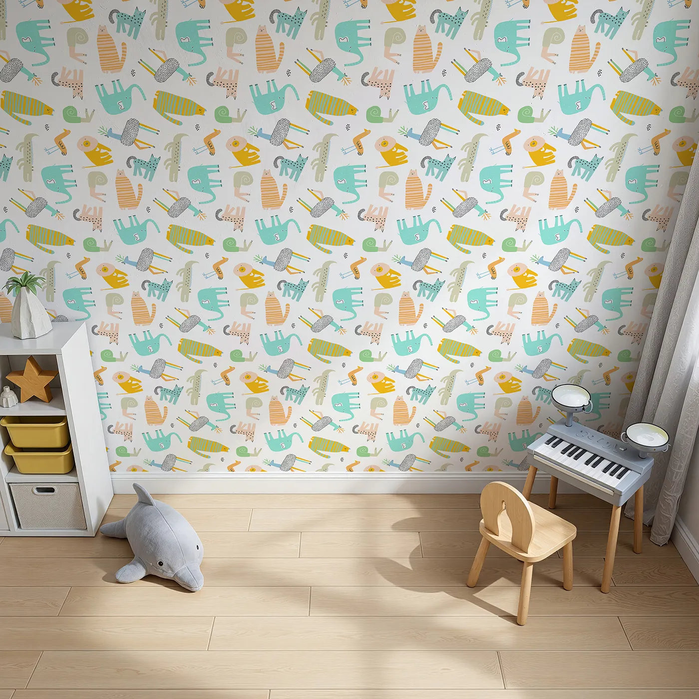Top-Down view of Whimsy Tots' Quirky Animal Kingdom Wallpaper (W2052).Where wonderfully weird and happy animals roam free.