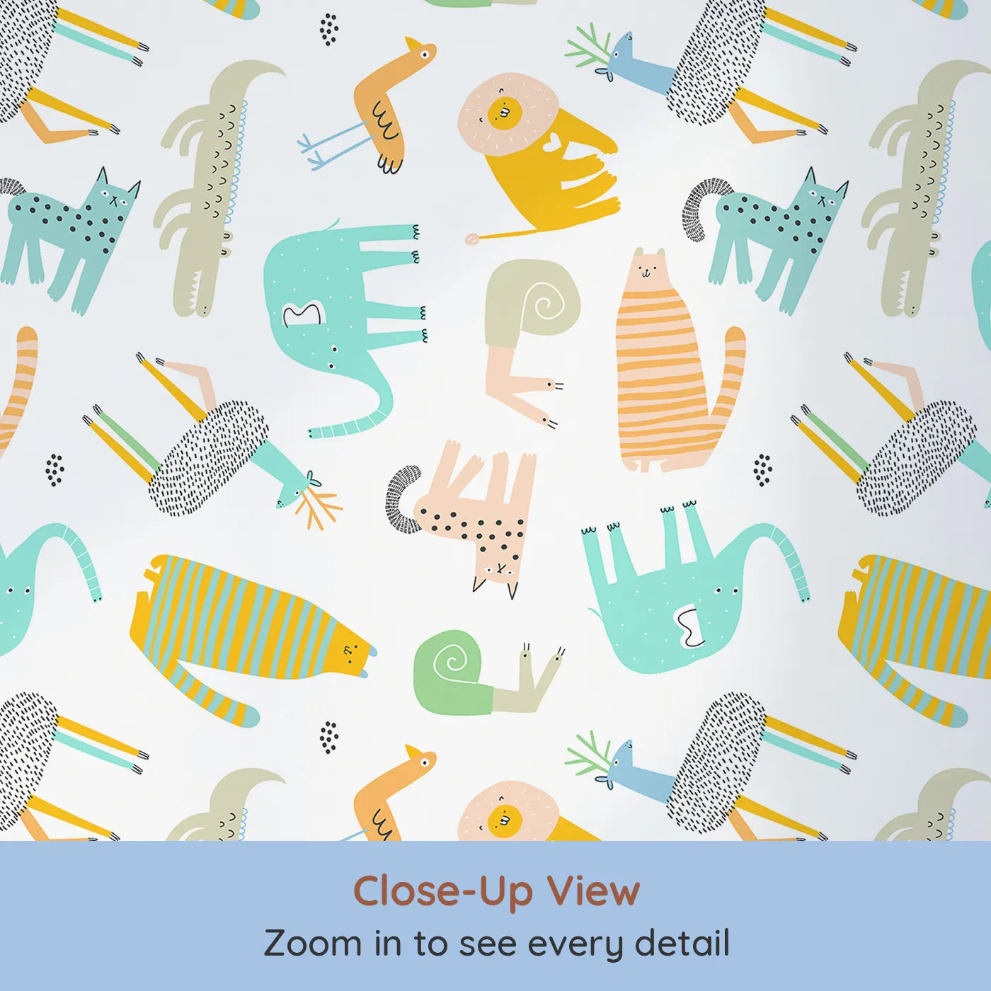 Close-up view of Whimsy Tots' Quirky Animal Kingdom Wallpaper (W2052).Where wonderfully weird and happy animals roam free.