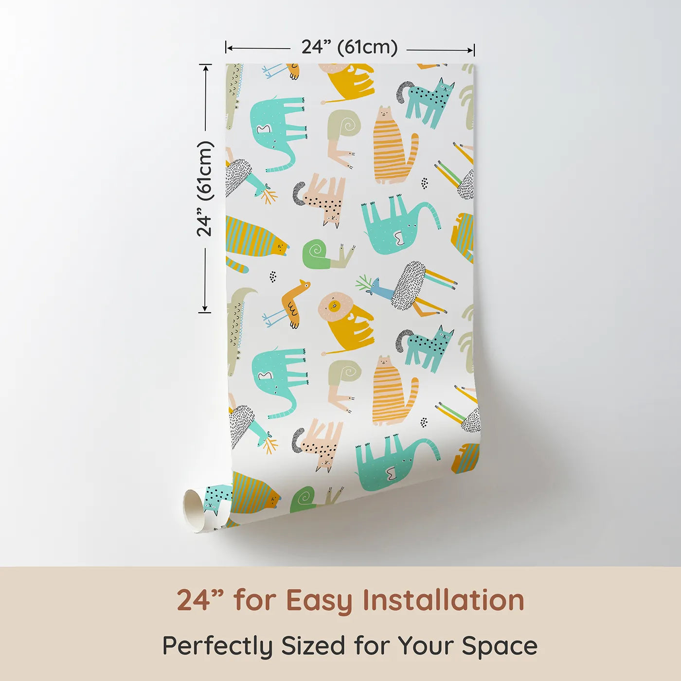 Dimension view of Whimsy Tots Quirky Animal Kingdom Wallpaper (W2052). Printed in 24-inch-wide panel for easy installation. Where wonderfully weird and happy animals roam free.