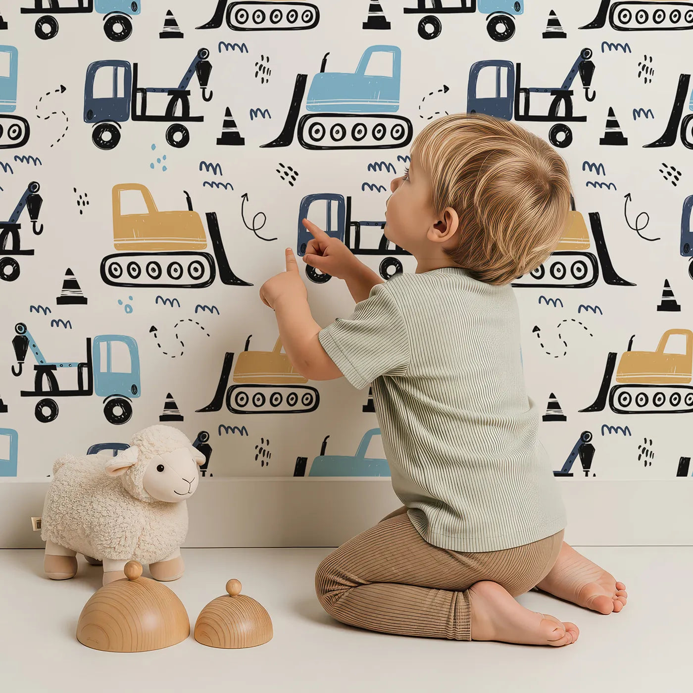 Lovely child standing in front of Whimsy Tots Construction Doodle Zone Wallpaper in Yellow with construction, truck, bulldozer, crane, doodle in design.