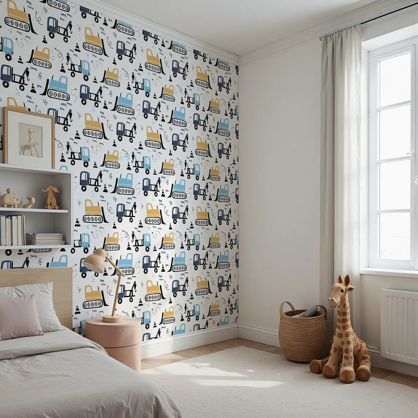 Angled view of Whimsy Tots' Construction Doodle Zone Wallpaper in Yellow (W2053).Where cool construction trucks are ready to build big dreams.